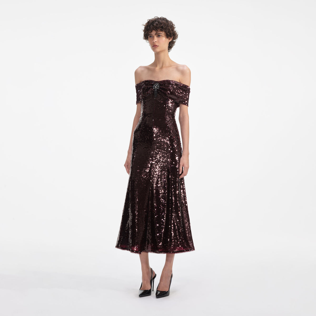 self portrait textured off shoulder midi dress Brown Sequin Off Shoulder Midi Dress – self-portrait-US