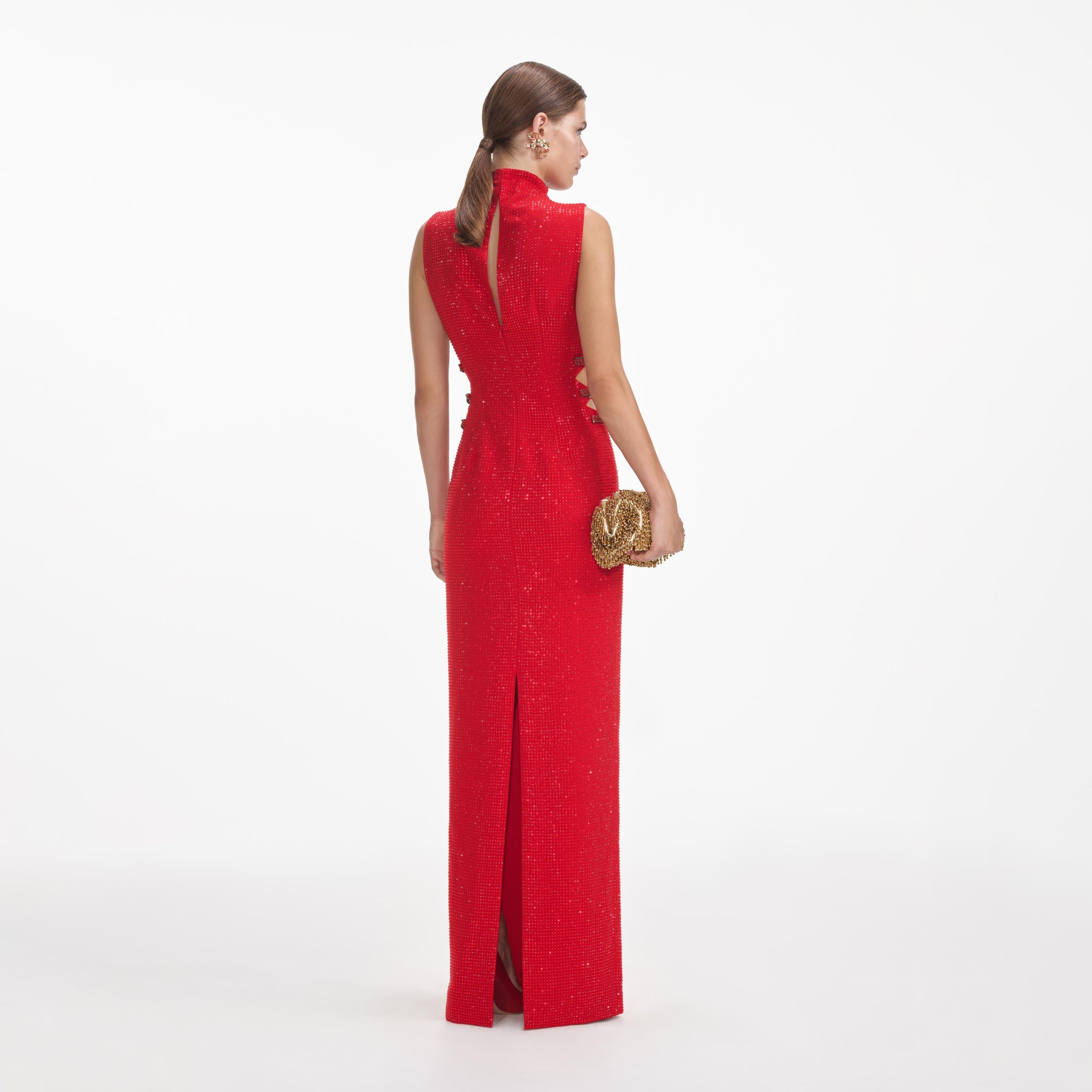 Red Rhinestone Crepe Maxi Dress