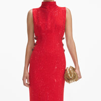 Red Rhinestone Crepe Maxi Dress