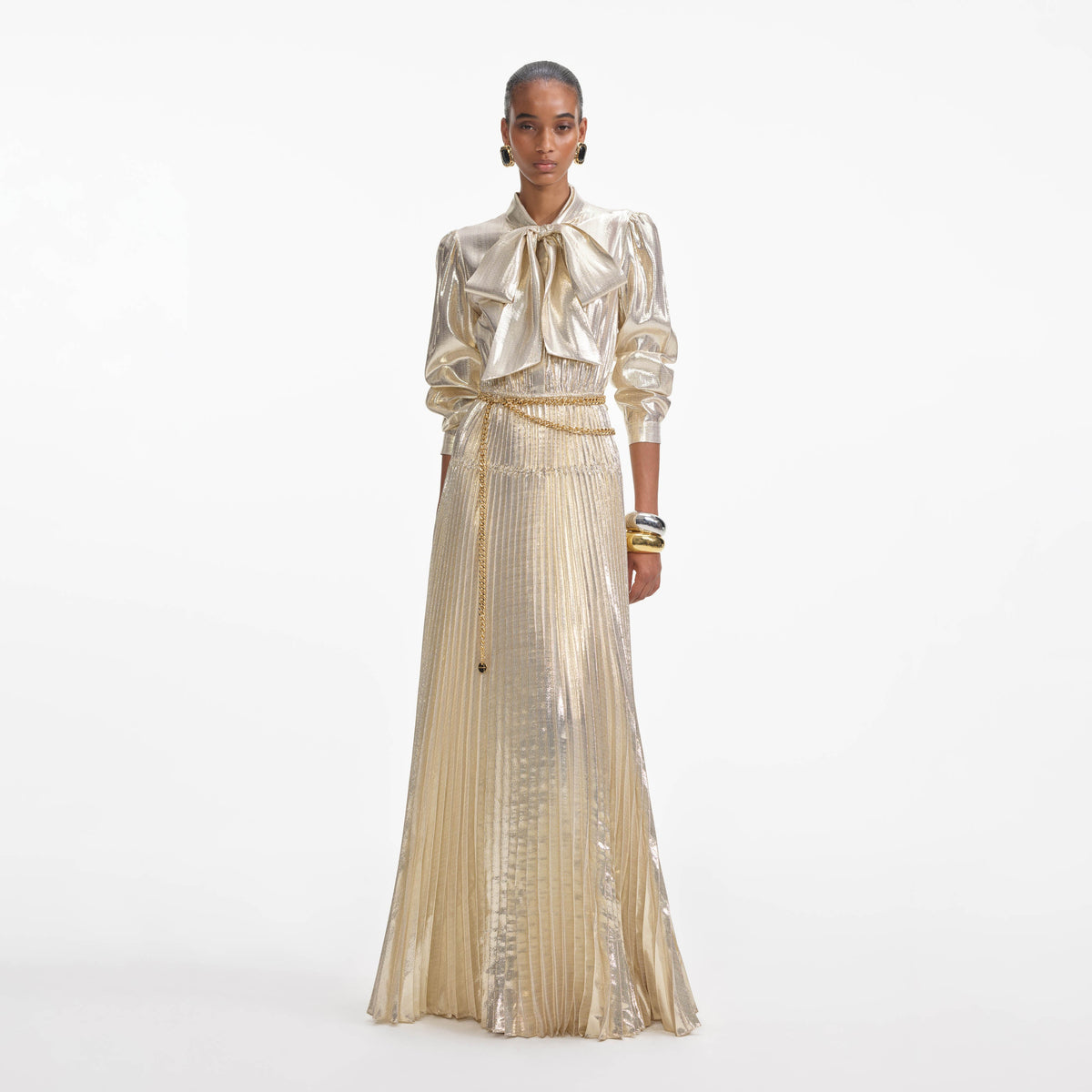 slim fit dress slacks Self-Portrait - Gold Metallic Tie Neck Maxi Dress