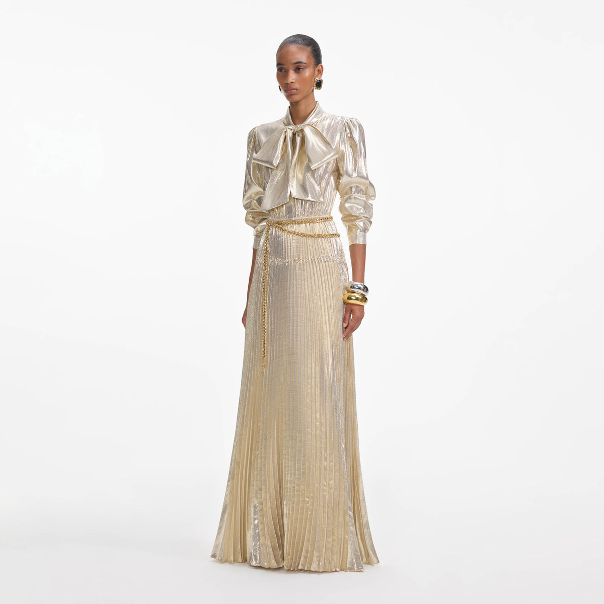 Self-Portrait - Gold Metallic Tie Neck Maxi Dress