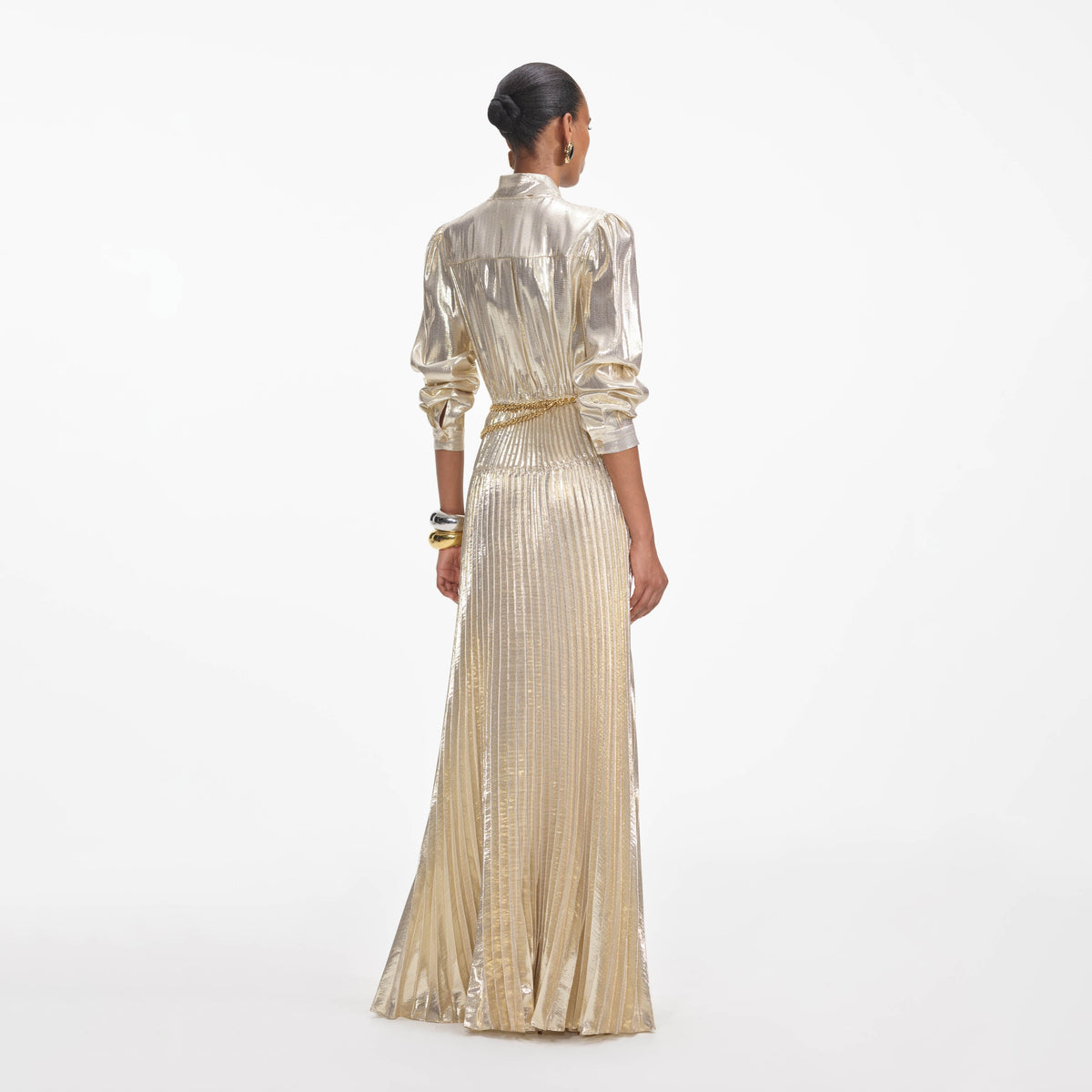 Gold Metallic Tie Neck Maxi Dress – self-portrait-US