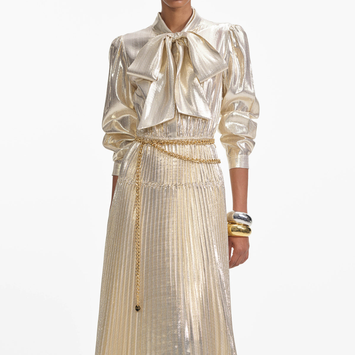 Gold Metallic Tie Neck Maxi Dress – self-portrait-US