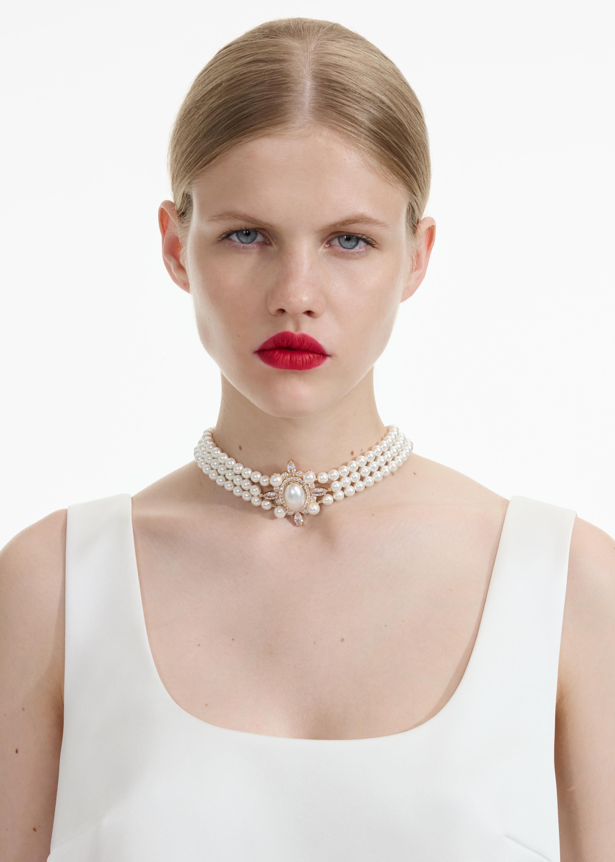Self-Portrait Gold Choker Necklace White Os