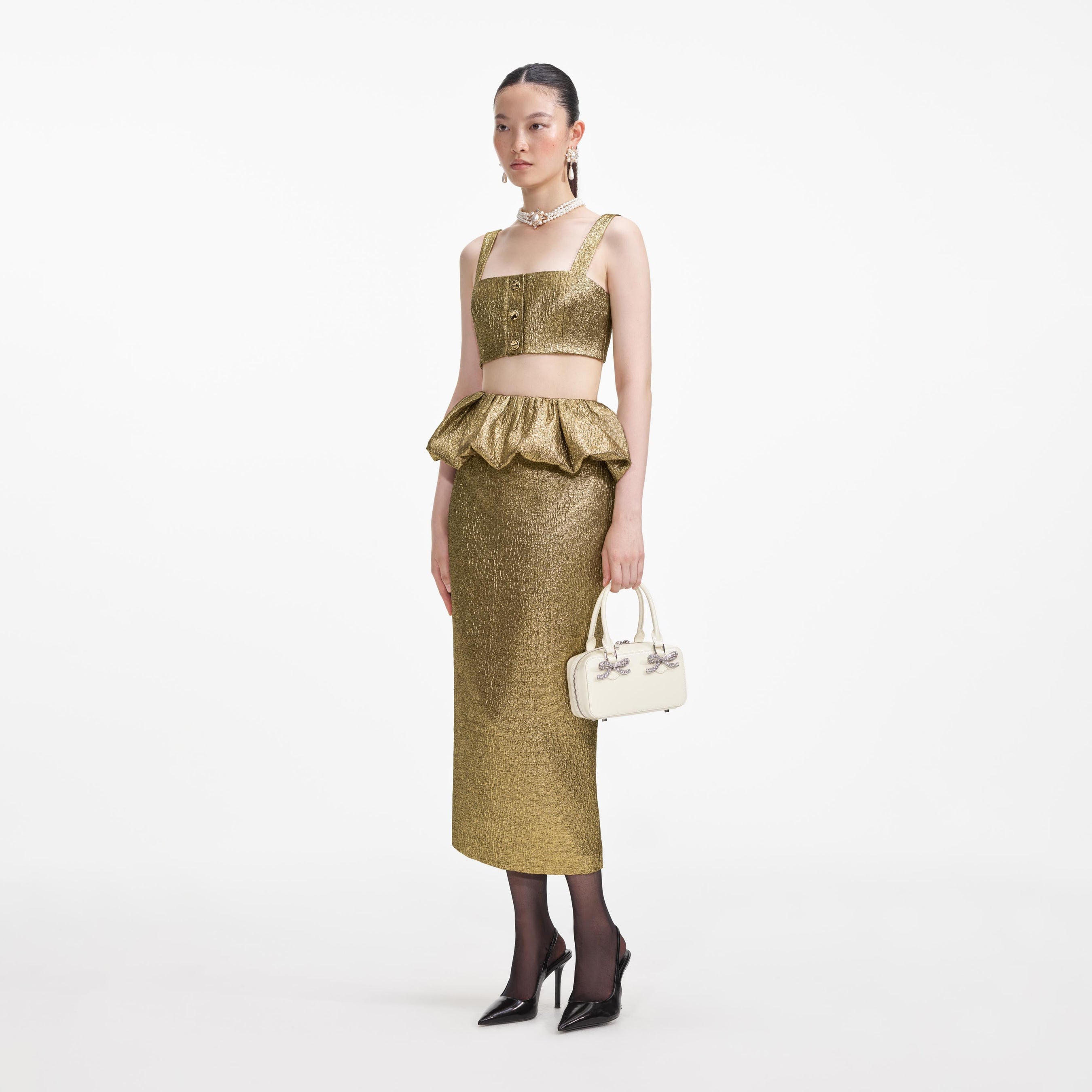 Gold Metallic Jacquard Midi Skirt