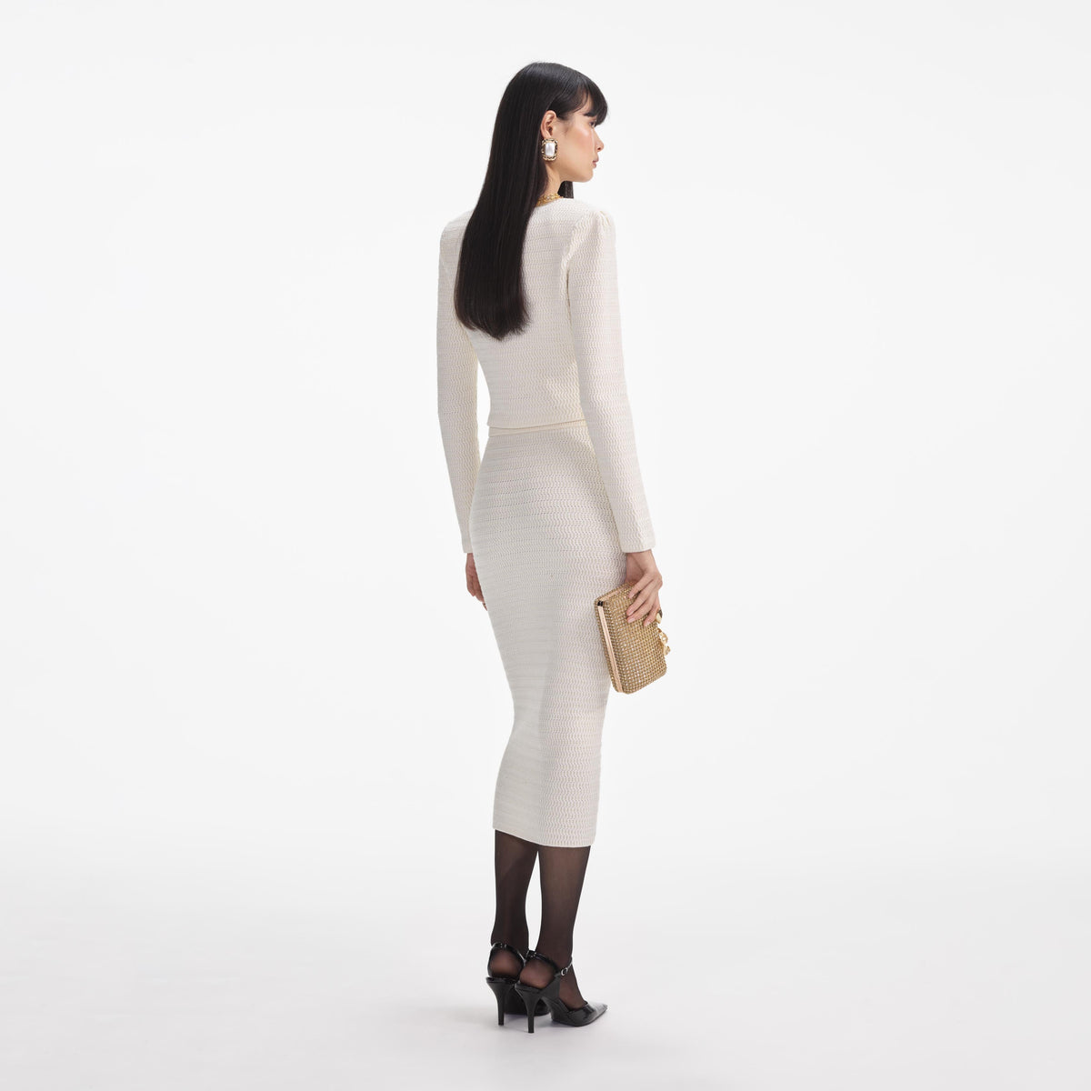 Cream Lurex Knit Midi Skirt – self-portrait-US