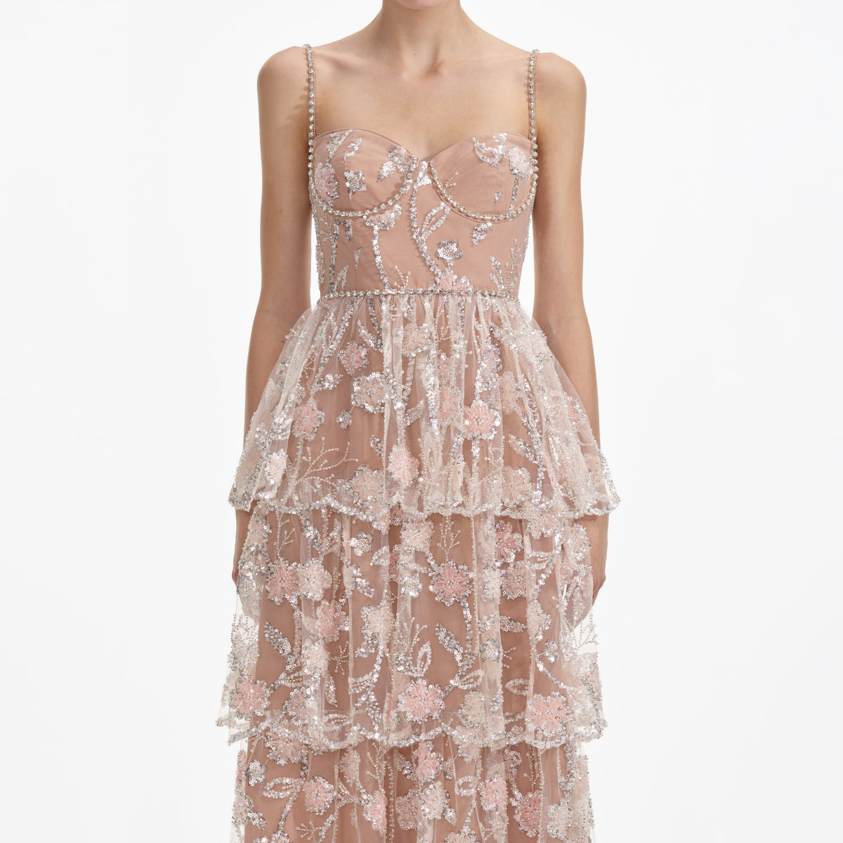 self portrait tiered sequin mini dress Provence Bloom Tiered Sequin Mini Dress White