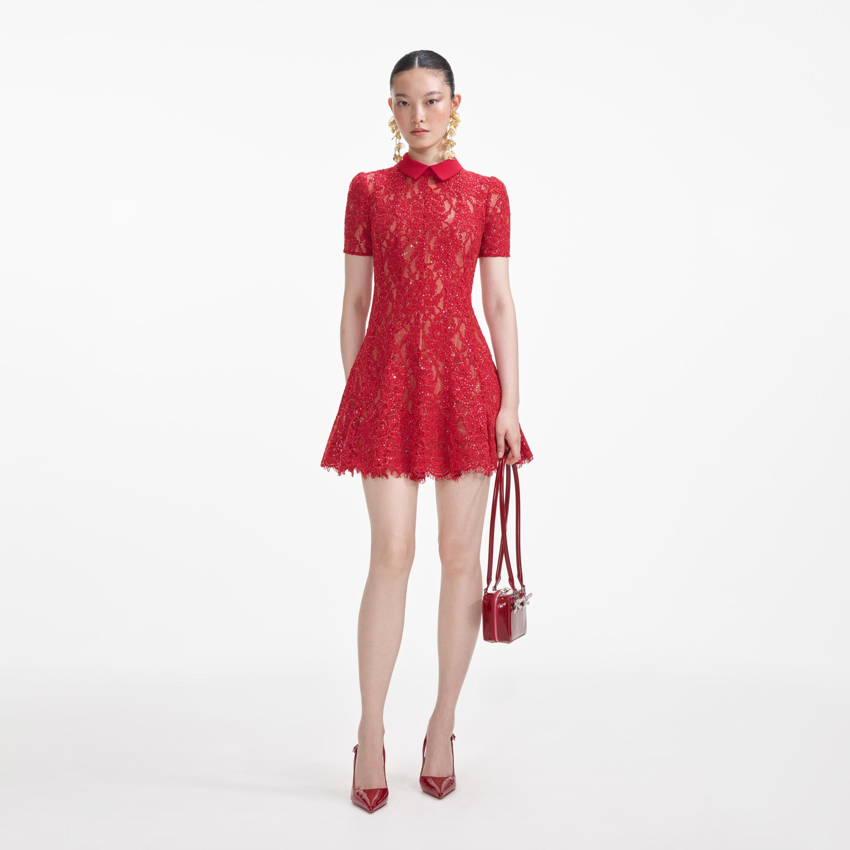 Red Sequin Lace Mini Dress