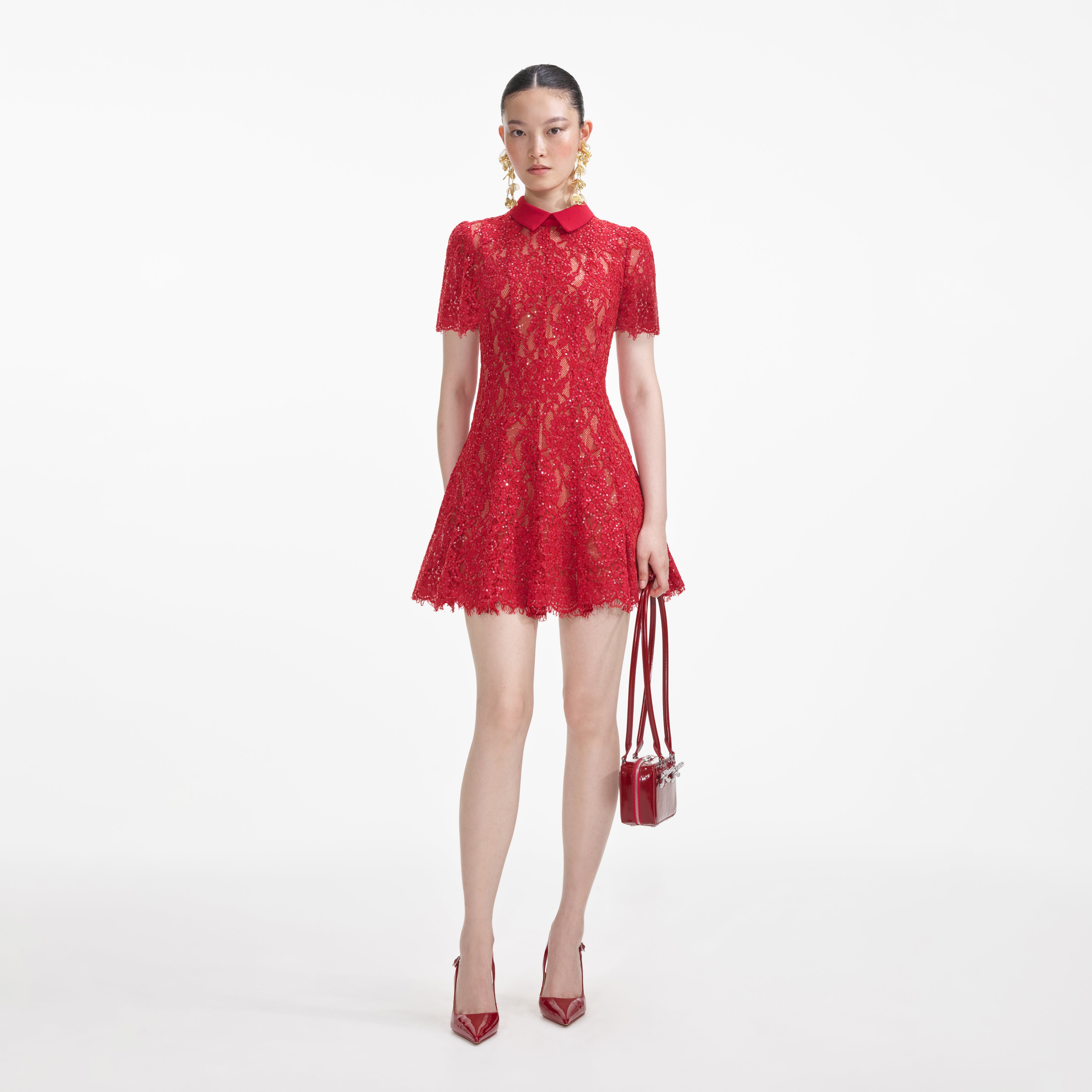 self-portrait 赤 レース ミニワンピース UK 6 Red Sequin Lace Mini Dress – self-portrait-US