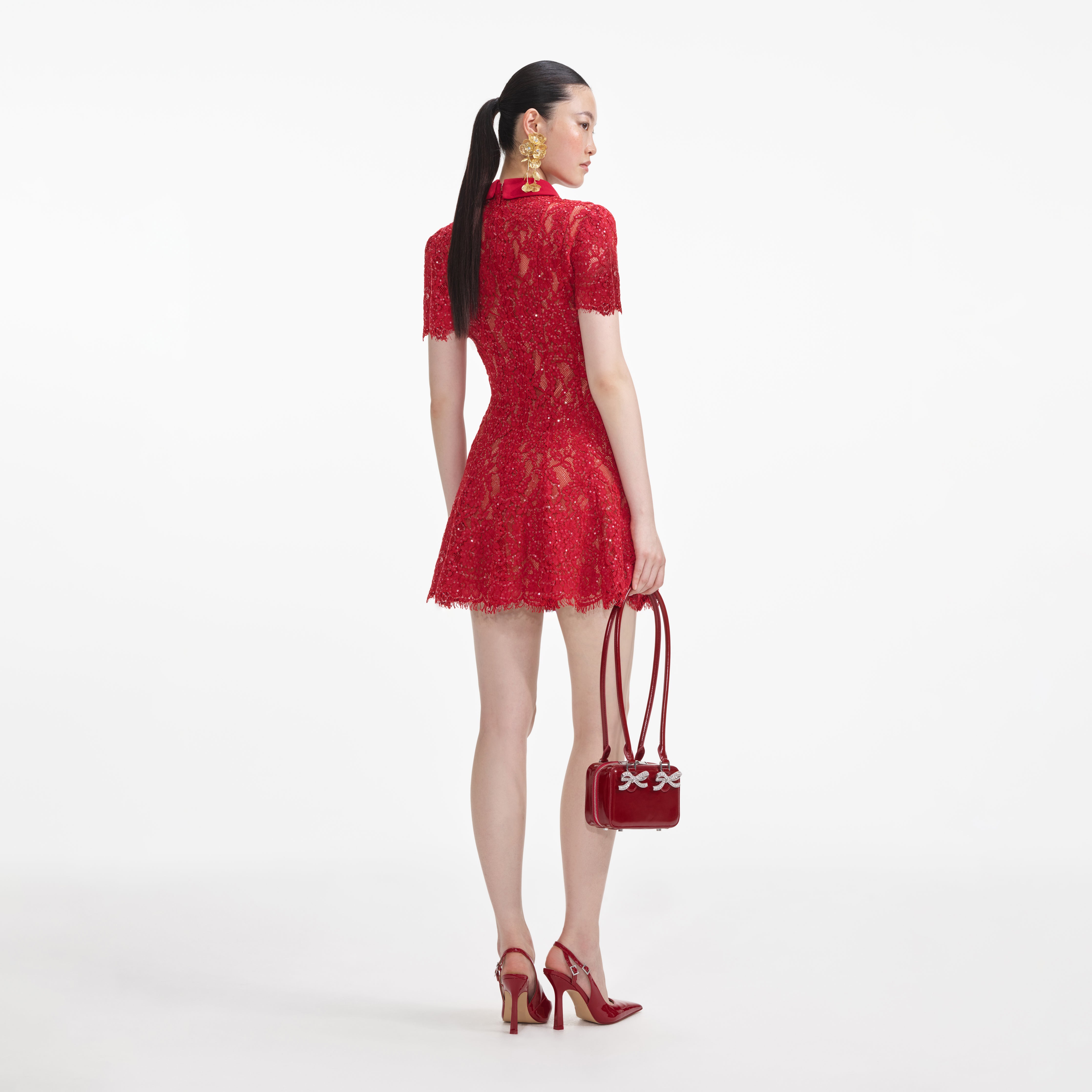 self-portrait レッド レースドレス UK 6 Red Sequin Lace Mini Dress – self-portrait-US