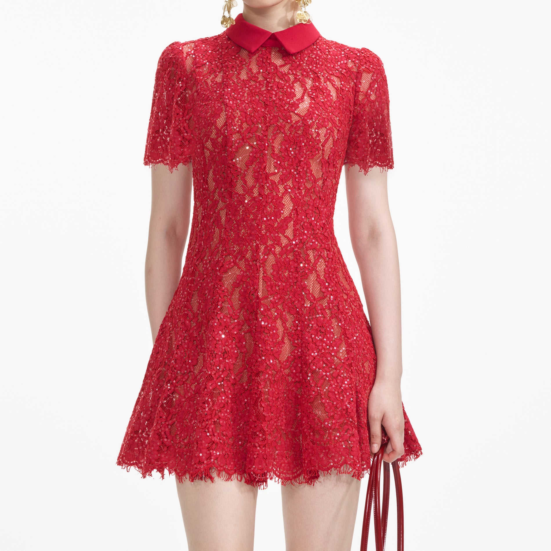 Red Sequin Lace Mini Dress