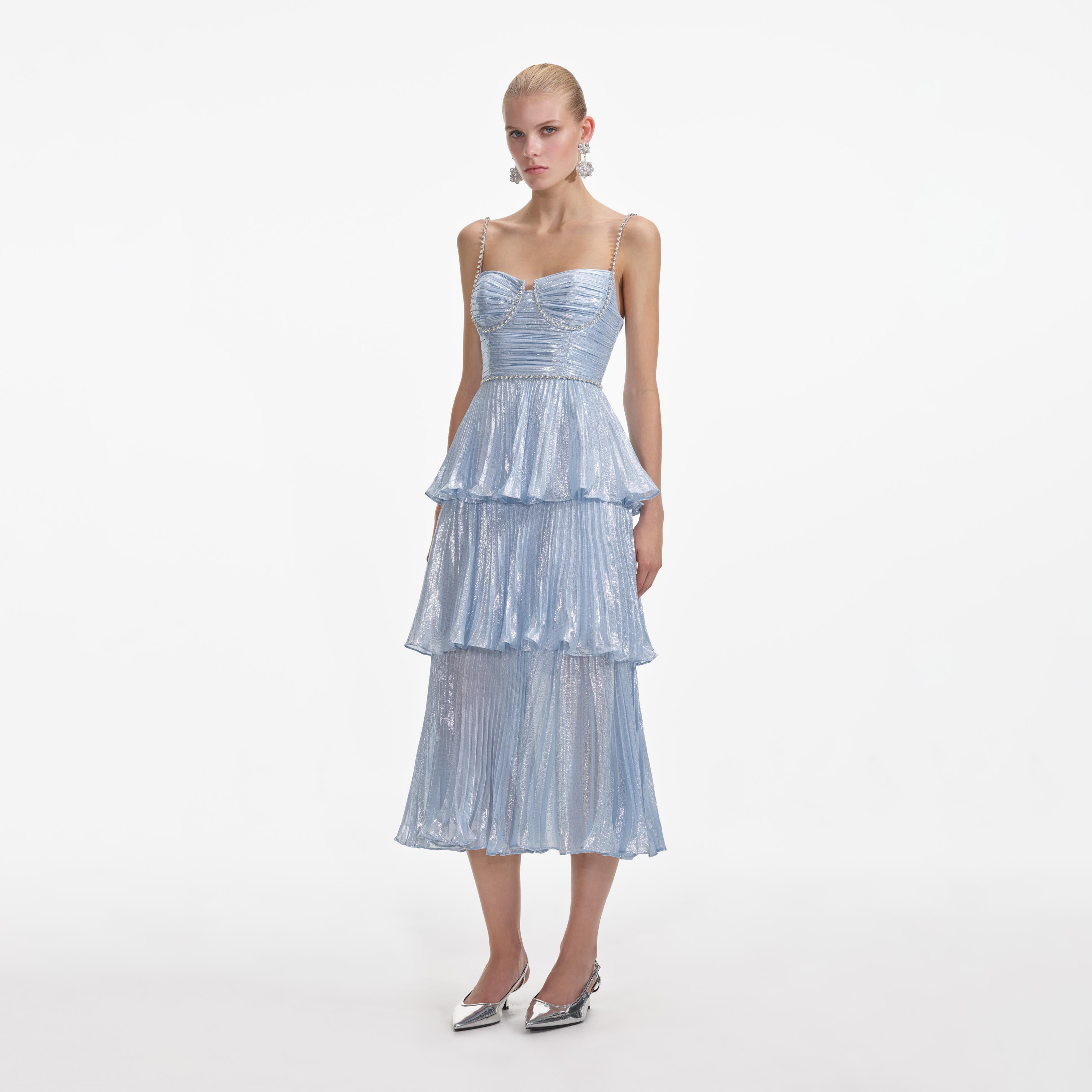 Self Portrait Blue Tiered Midi Dress in US2 shops