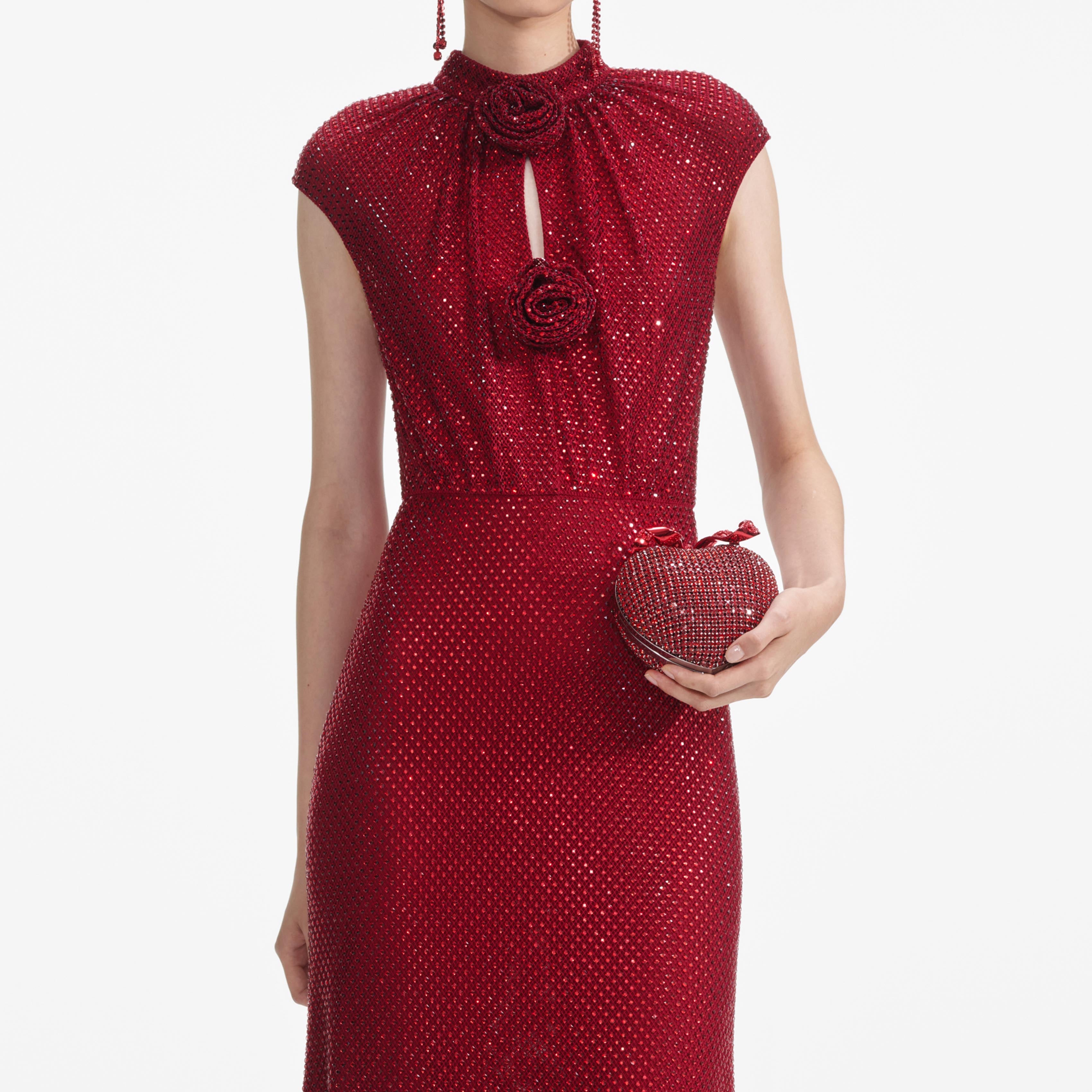 Red Rhinestone Fishnet Midi Dress – self-portrait-US