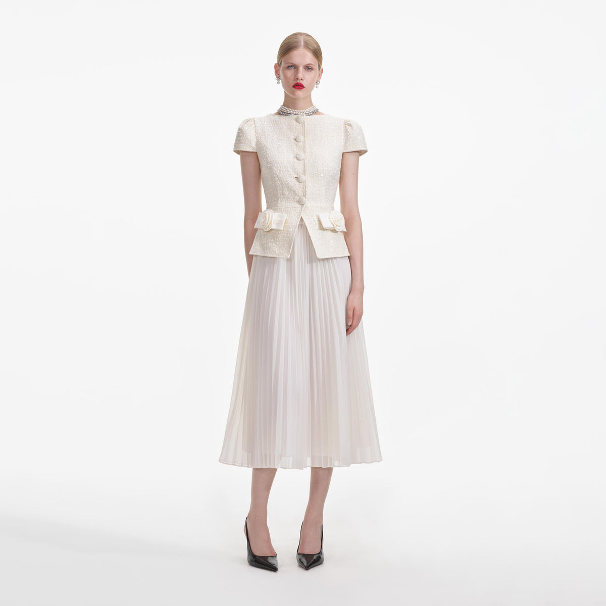 Self-Portrait - Cream Boucle Bow Detail Midi Dress