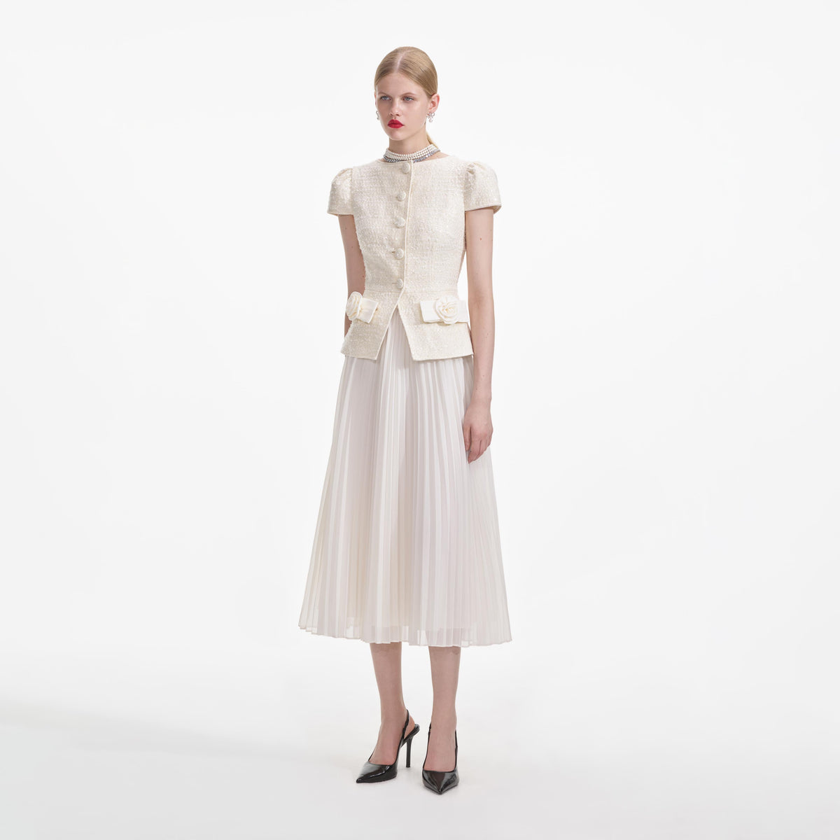 self portrait cream bow knit mini dress self-portrait - Cream Boucle Bow Detail Midi Dress
