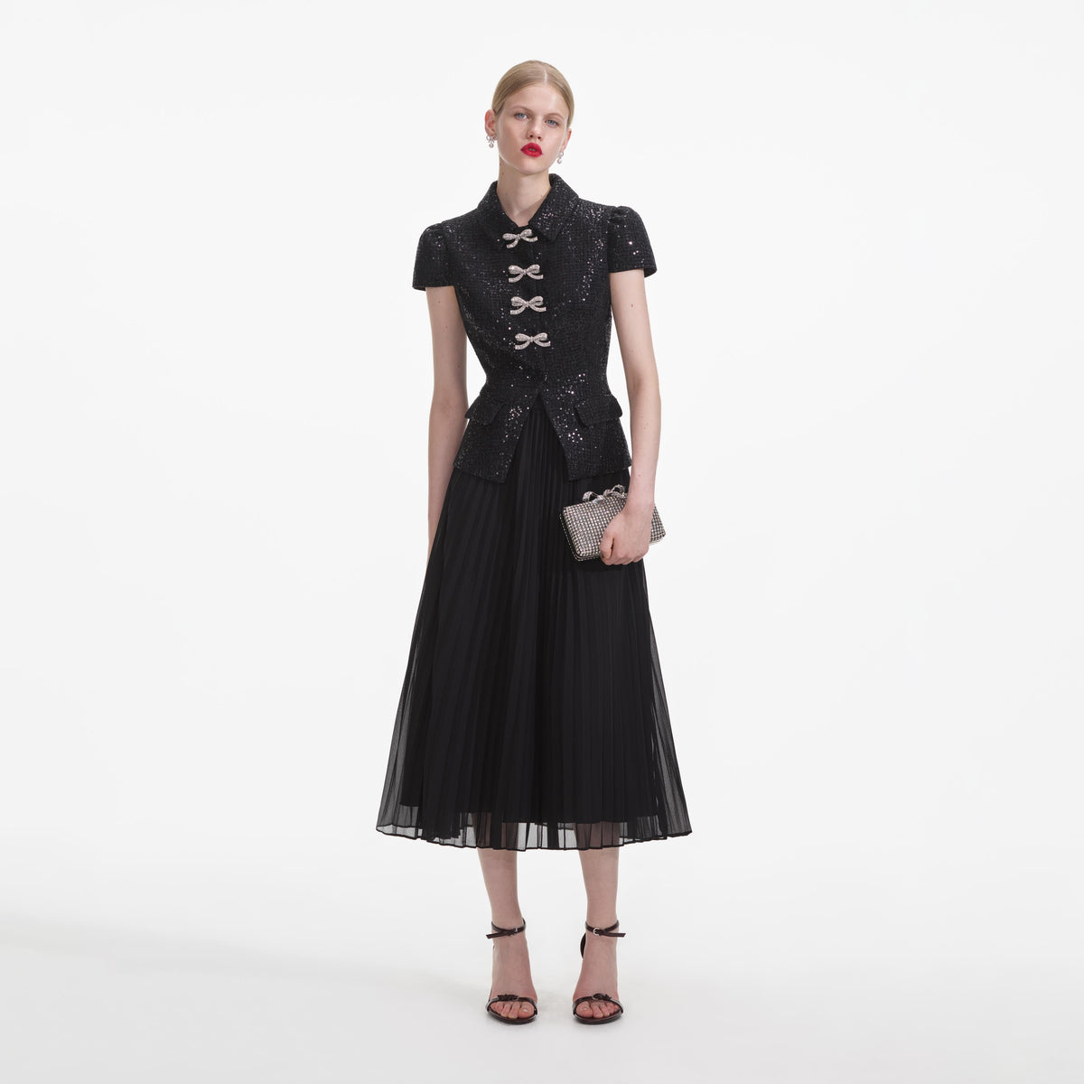 Black Boucle Bow Midi Dress – self-portrait-US