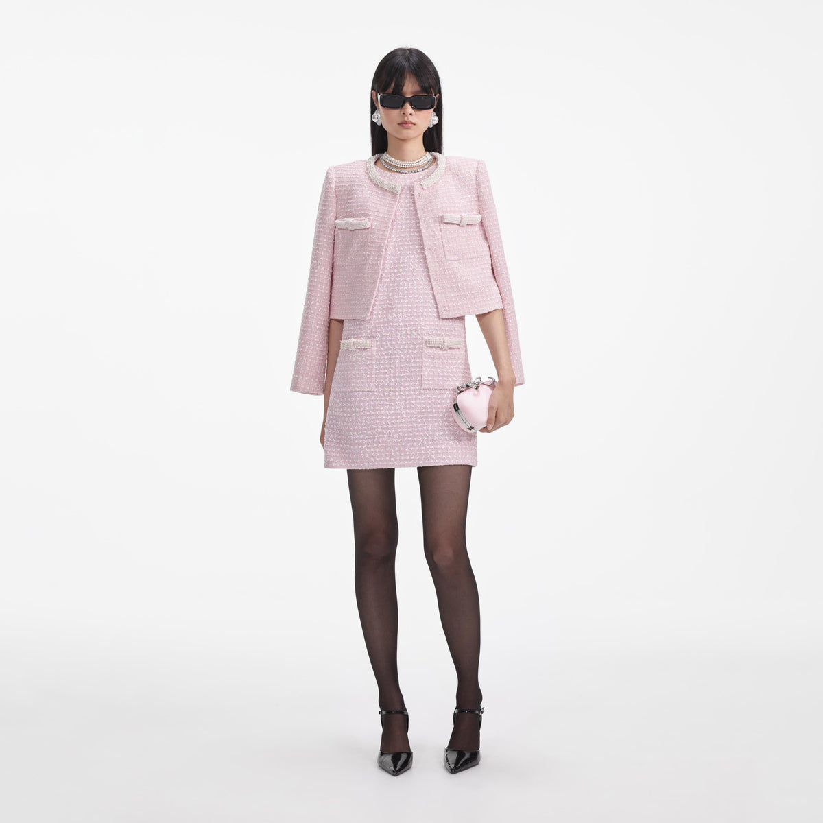 self portrait pink boucle mini dress Pink Boucle Pearl Mini Dress self-portrait-US