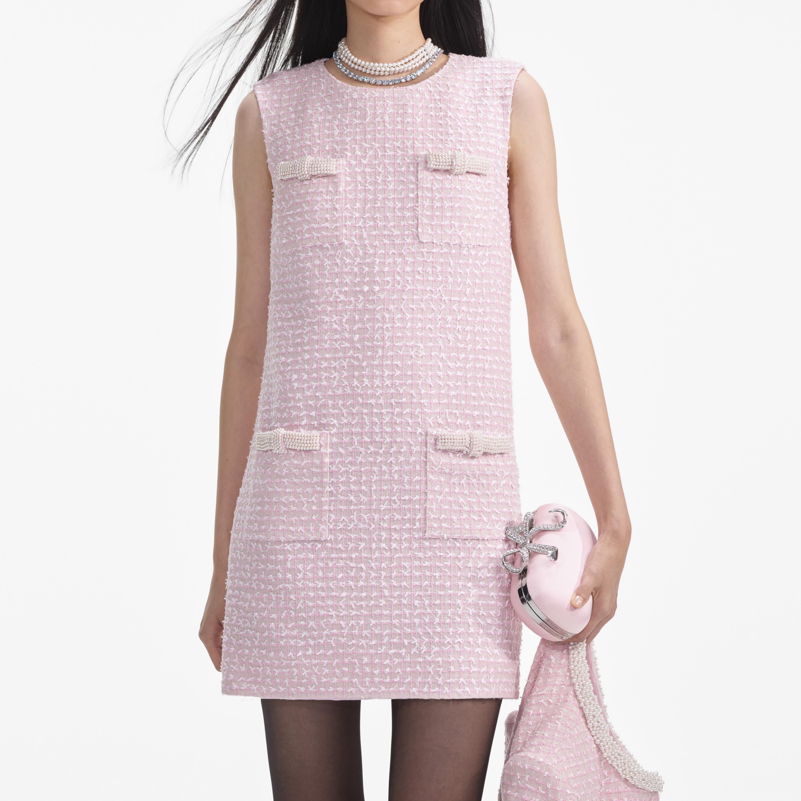 Pink Boucle Pearl Trim Mini Dress – self-portrait-US