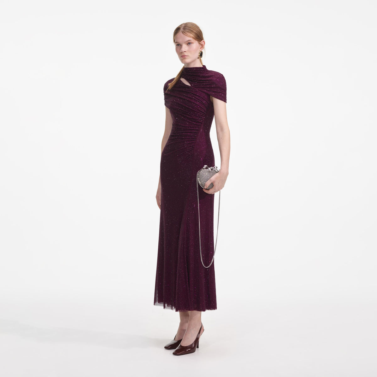 self-portrait - Burgundy Rhinestone Mesh Cut Out Midi Dress - US 8 self-portrait - Burgundy Rhinestone Mesh Cut Out Midi Dress - US 8