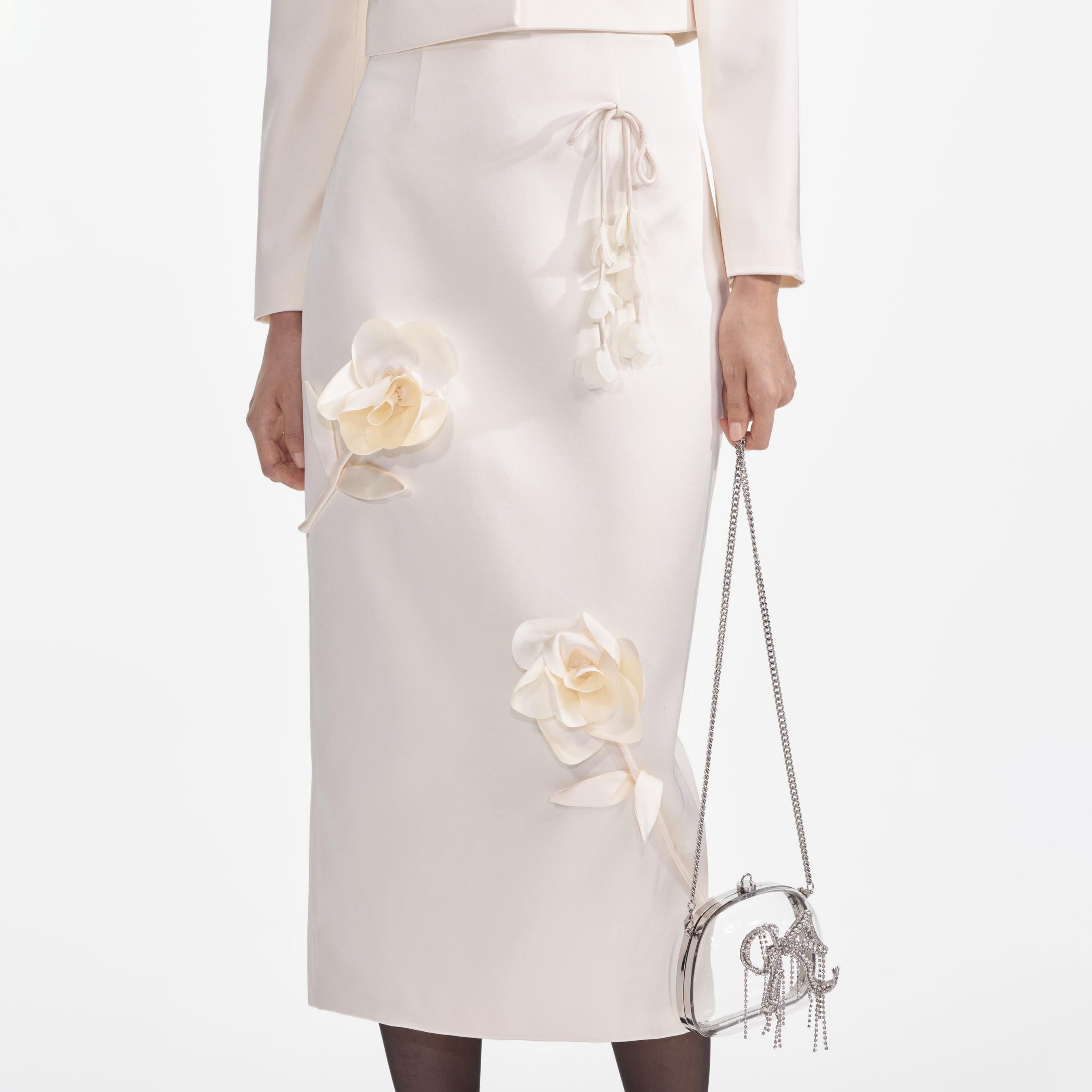 Cream 3D Flower Satin Midi Skirt