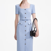 Blue Crepe Button Midi Dress