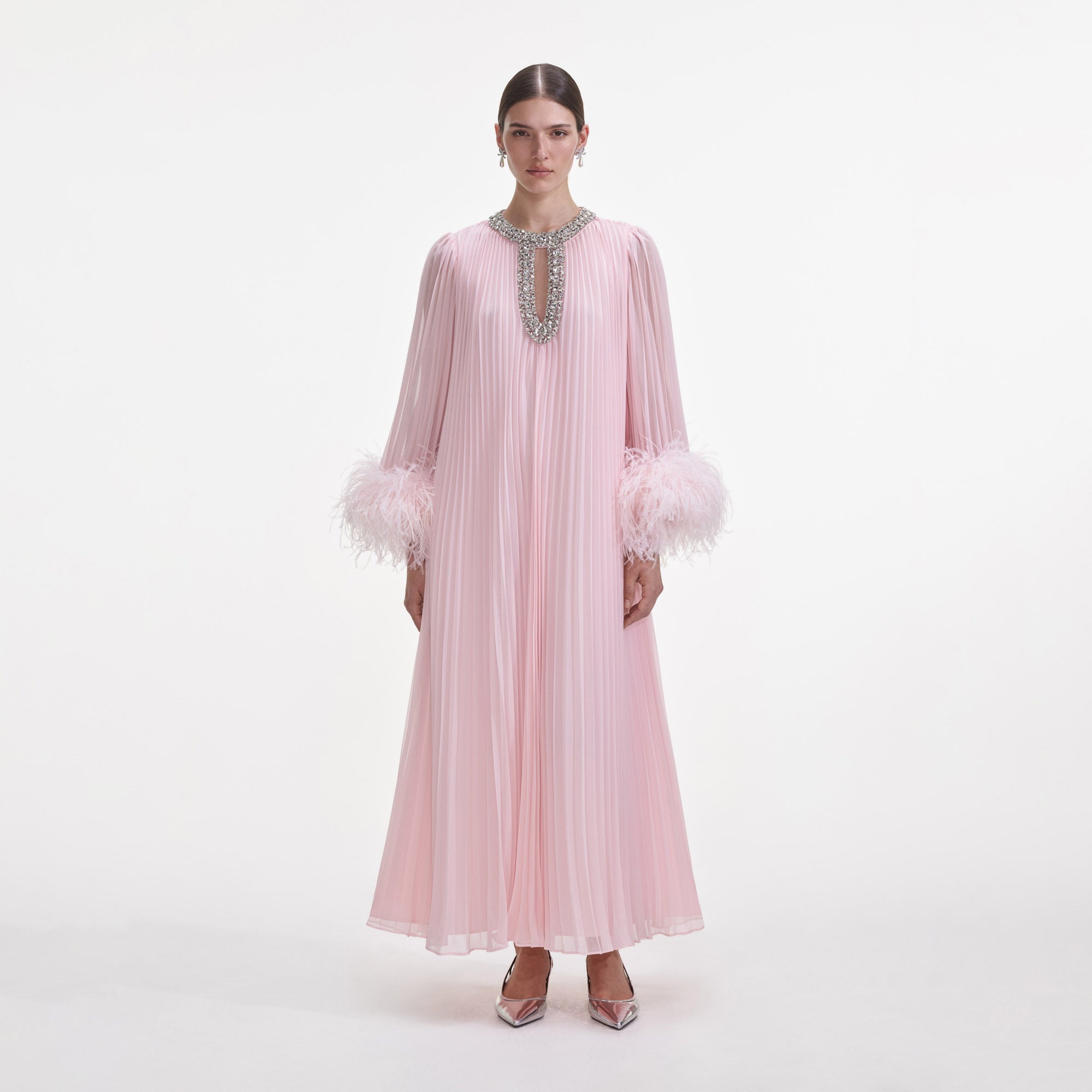 Front view of a woman wearing the Pink Chiffon Feather Midi Dress