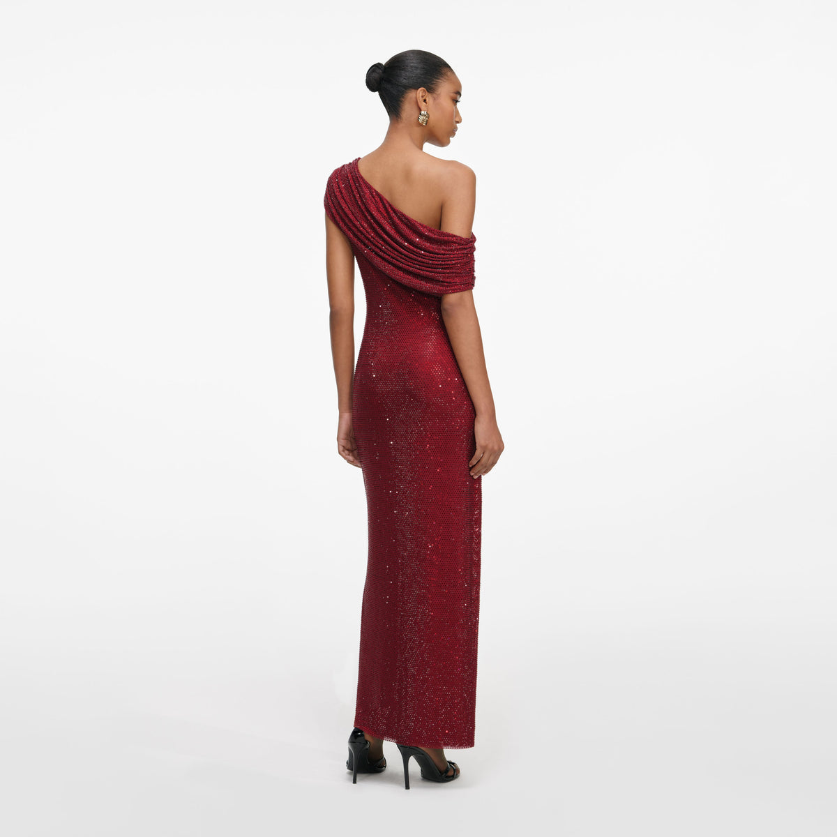 self-portrait - Burgundy Rhinestone Drape Midi Dress - US 10 self-portrait - Burgundy Rhinestone Drape Midi Dress - US 10