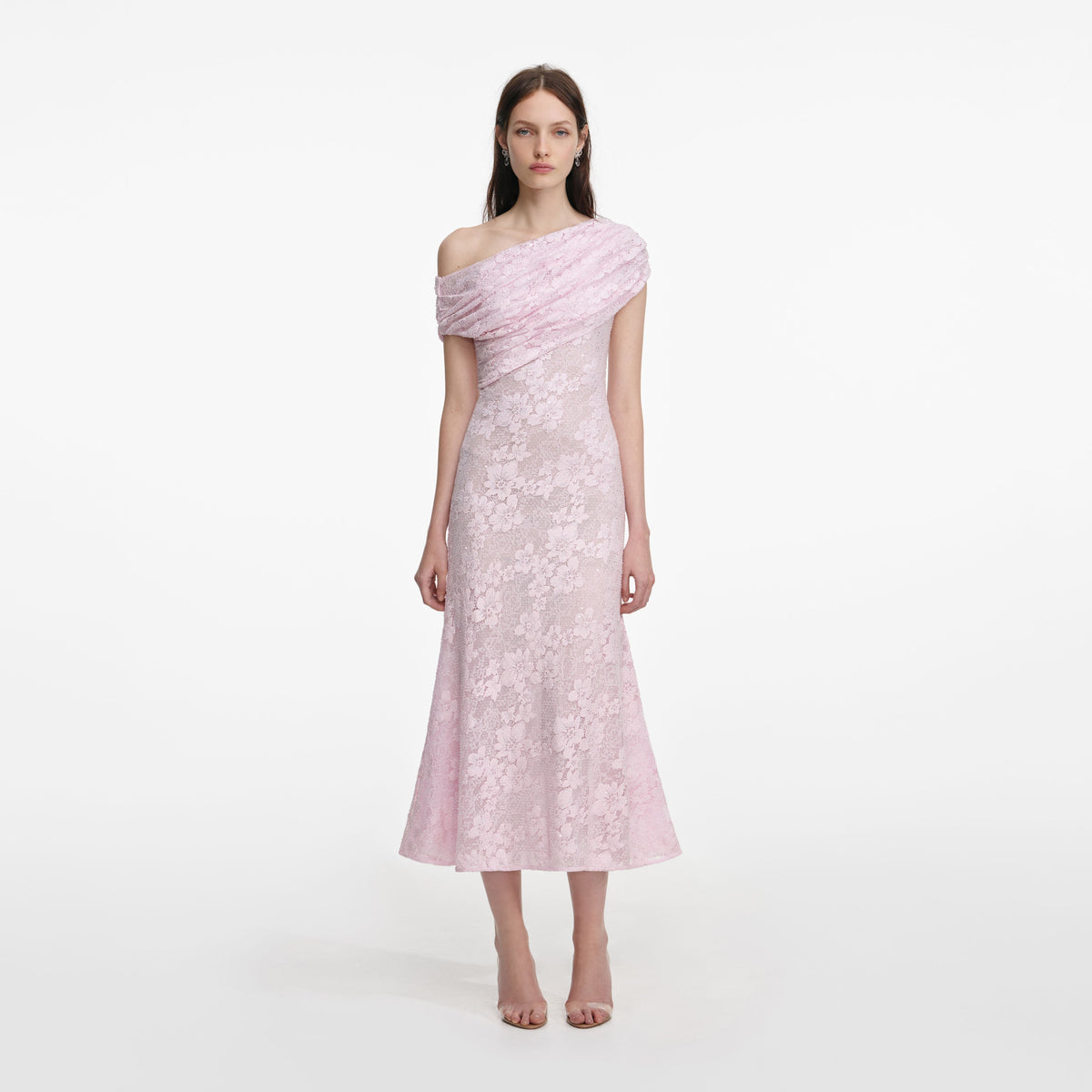 self-portrait - Pink Rhinestone Lace Asymmetric Midi Dress - US 12 self-portrait - Pink Rhinestone Lace Asymmetric Midi Dress - US 12