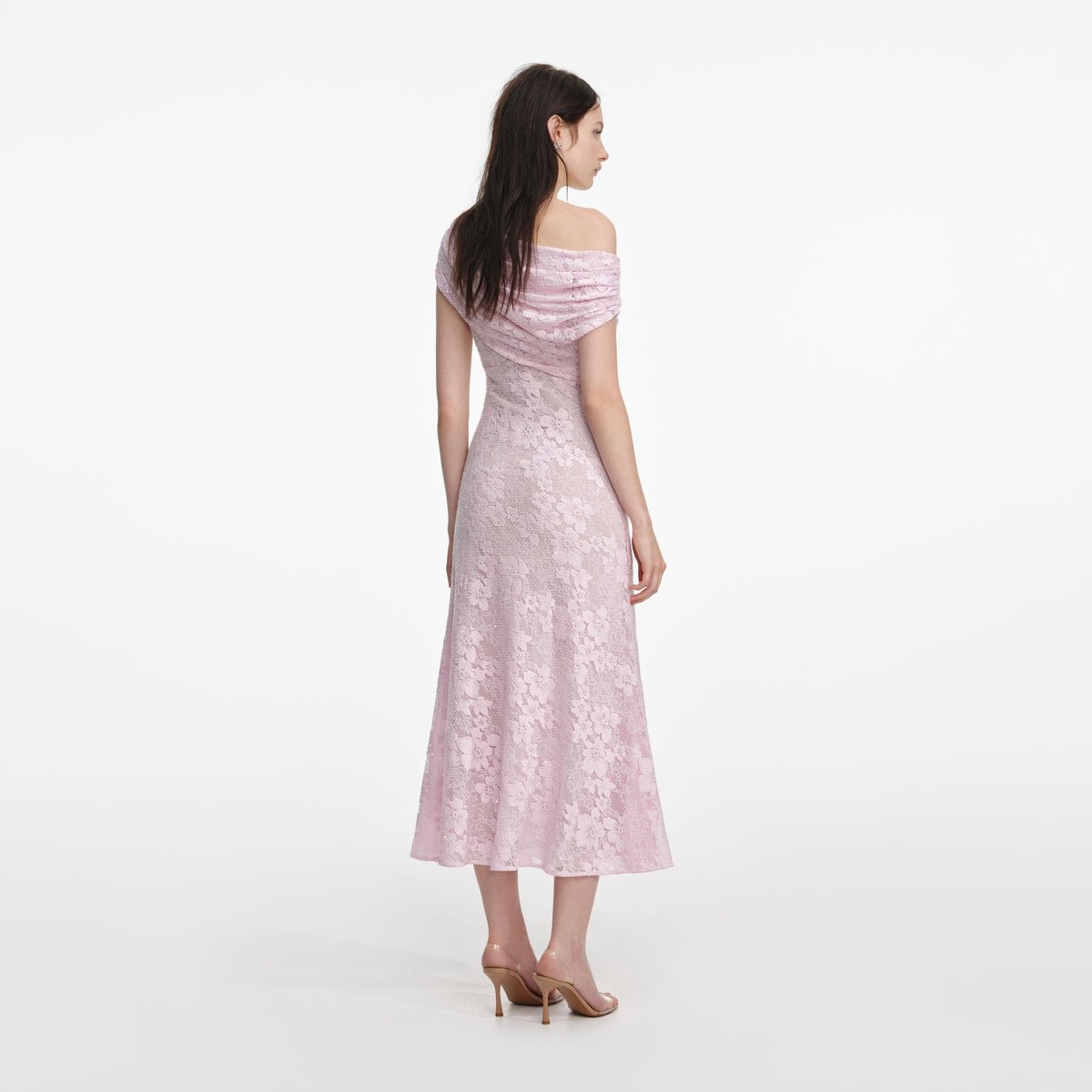 self-portrait - Pink Rhinestone Lace Asymmetric Midi Dress