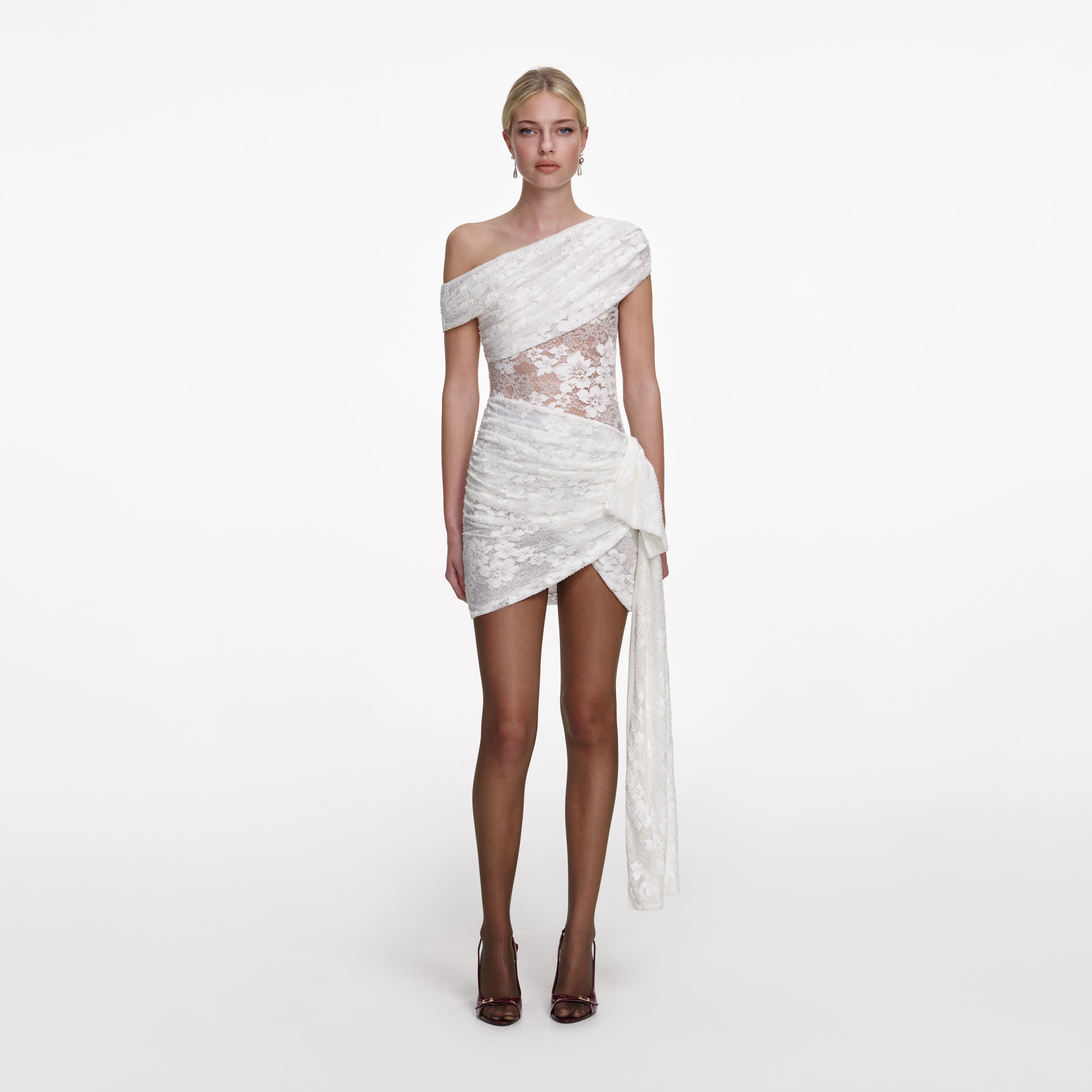 White Rhinestone Lace Tie Side Mini Dress