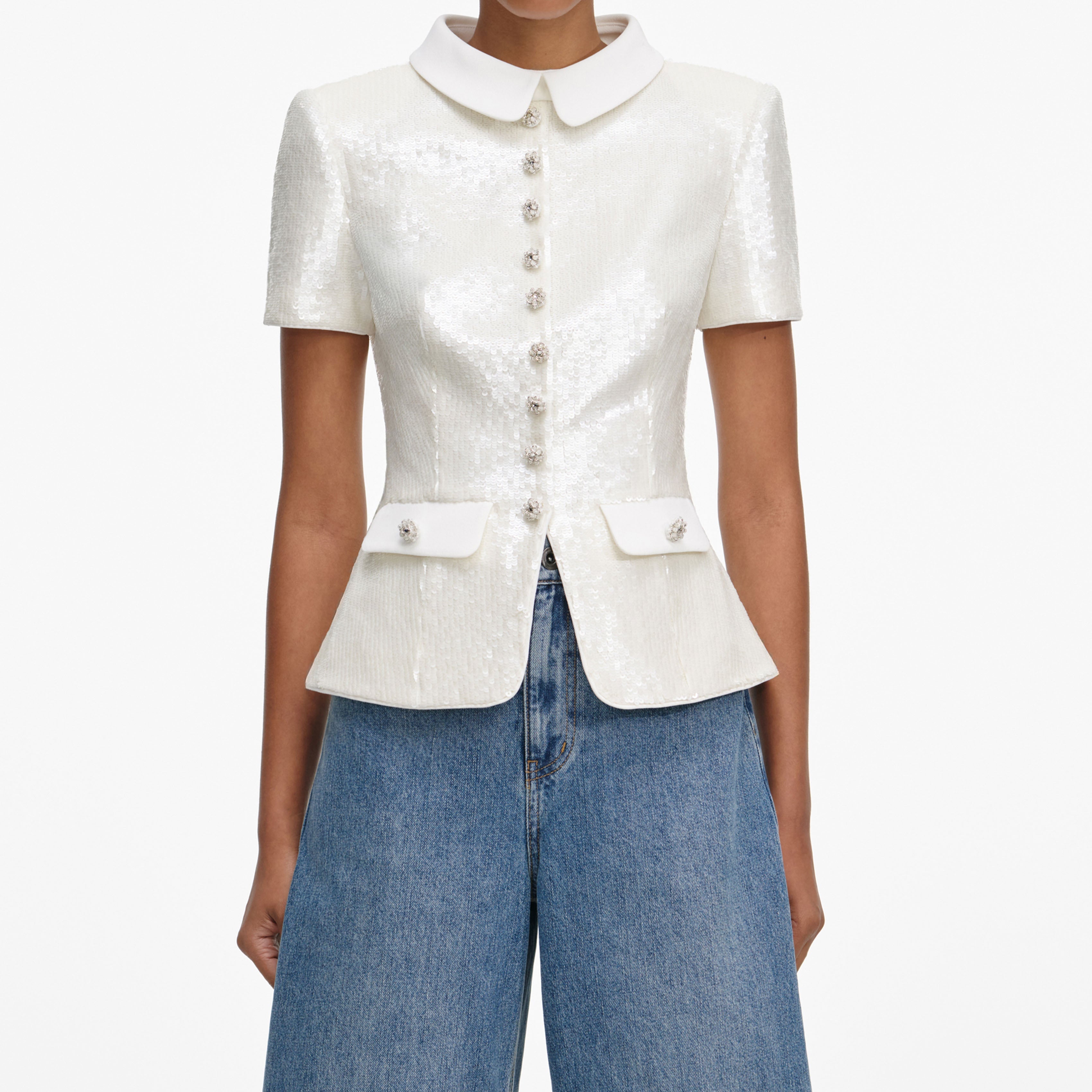 White Sequin Tailored Top