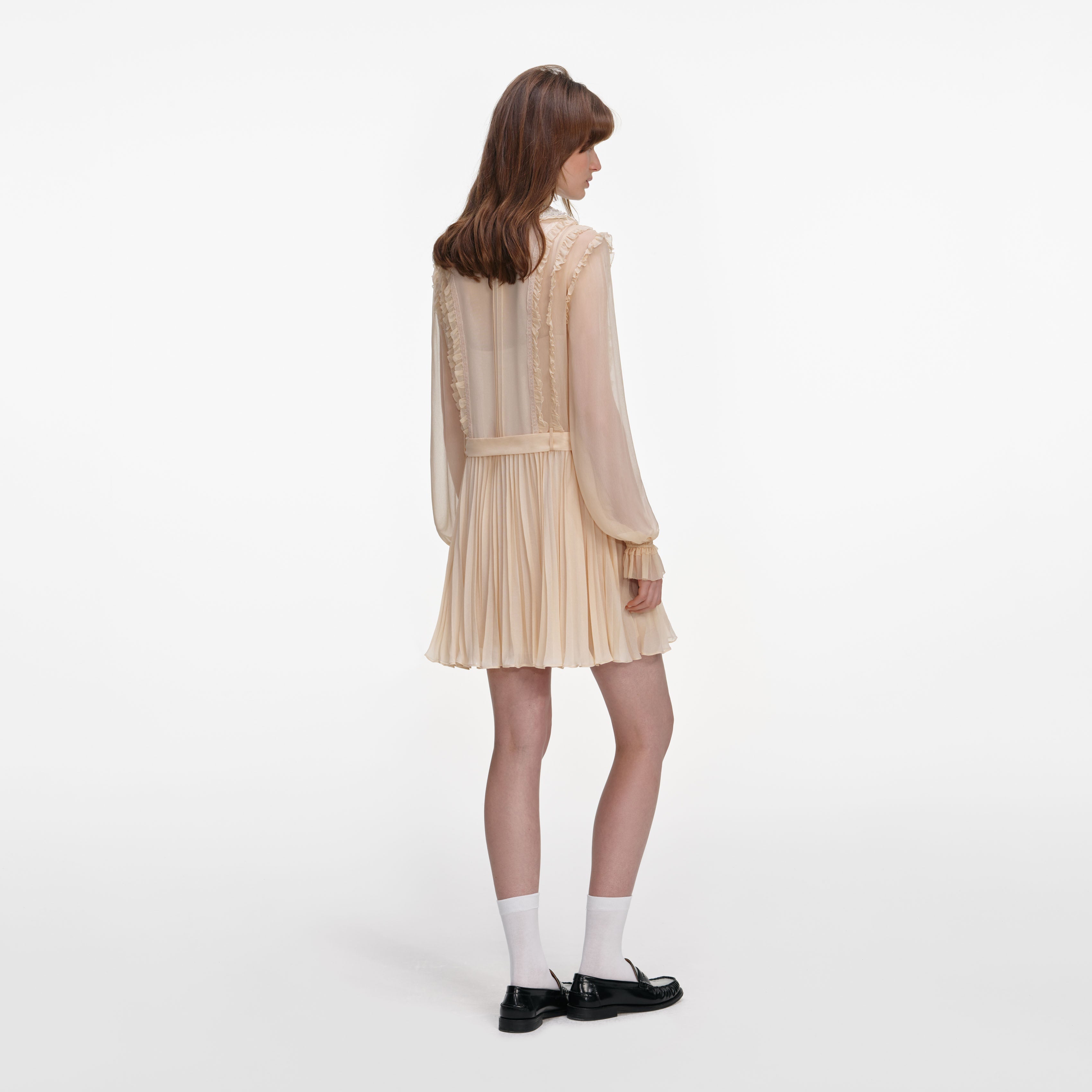 Tan Pleated Georgette Mini Dress