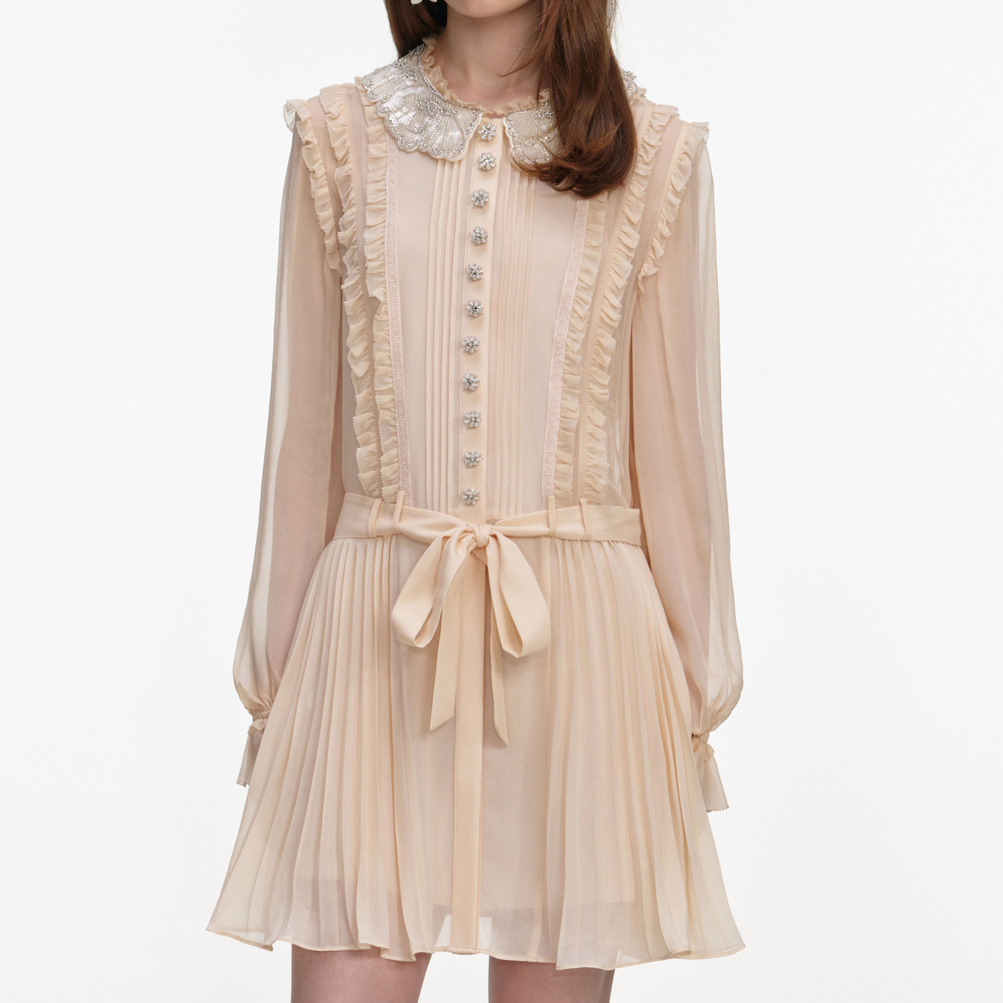 Tan Pleated Georgette Mini Dress