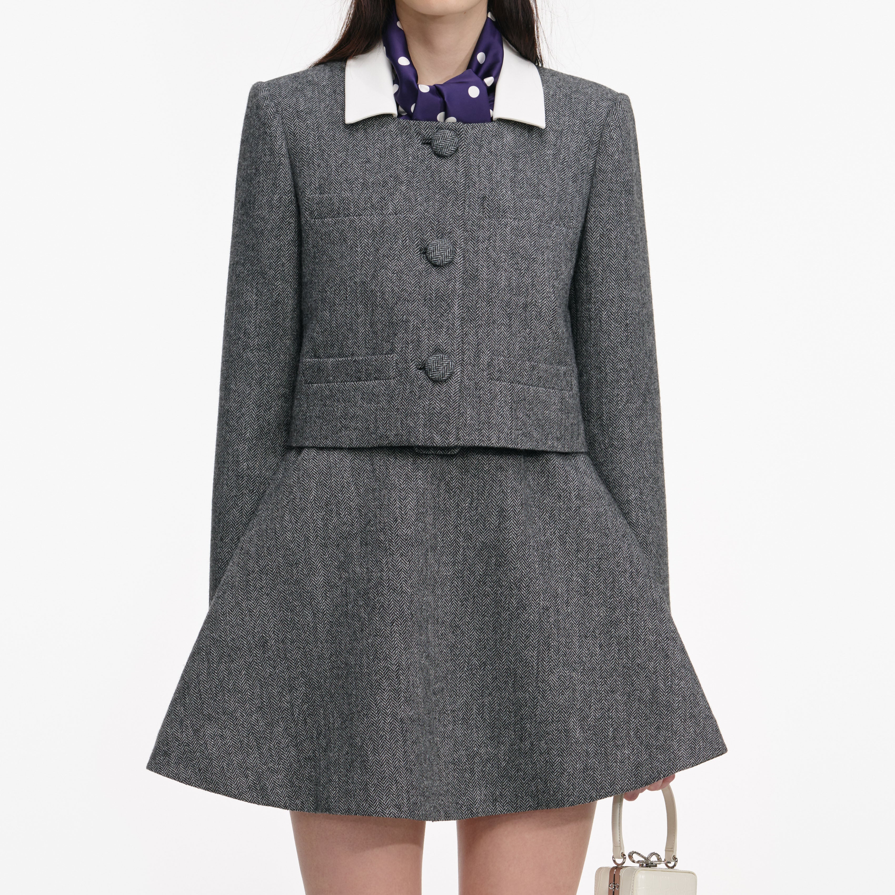 Grey Herringbone Scarf Detail Jacket – self-portrait-US