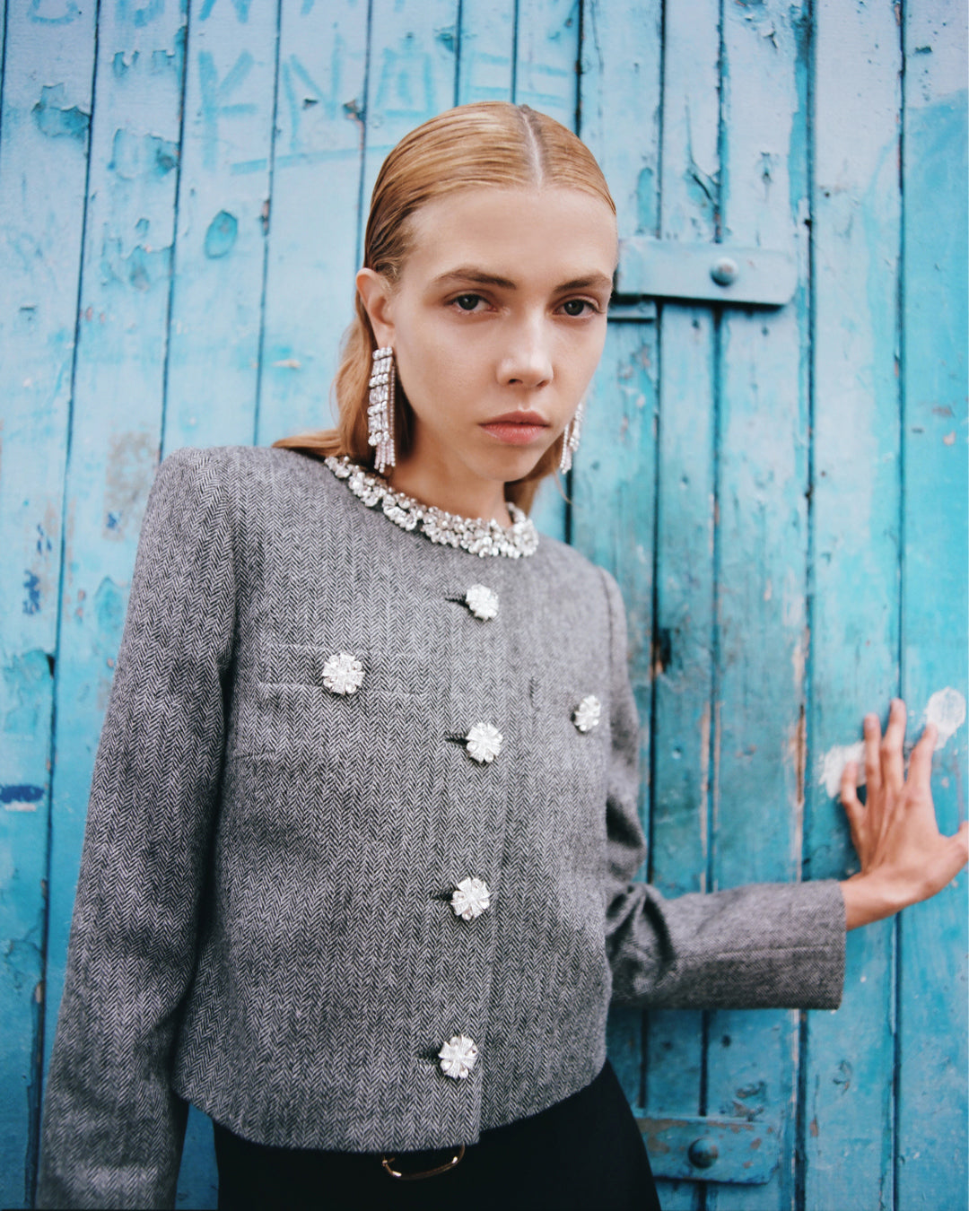Grey Herringbone Crystal Trim Jacket – self-portrait-US
