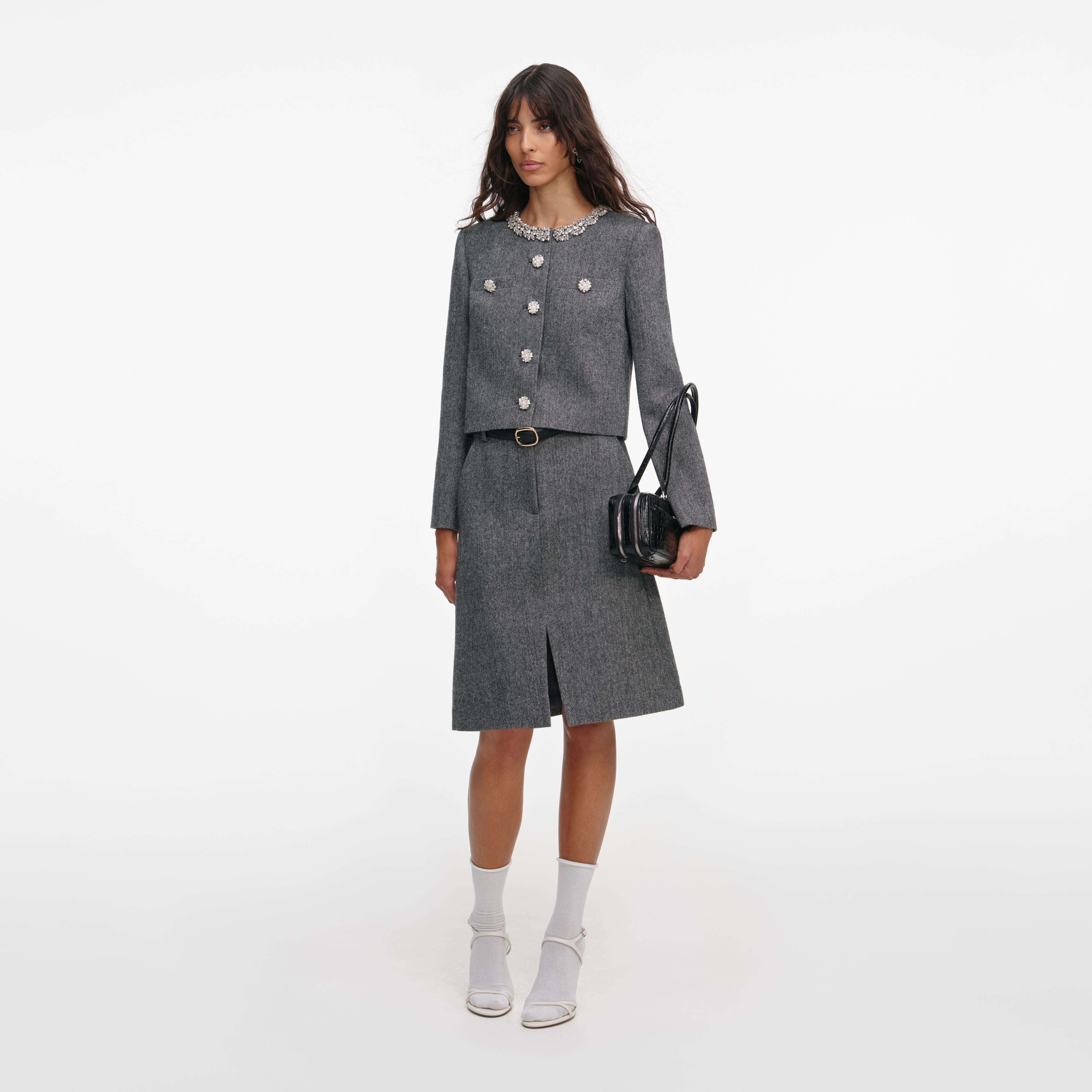 Grey Herringbone Crystal Trim Jacket – self-portrait-US