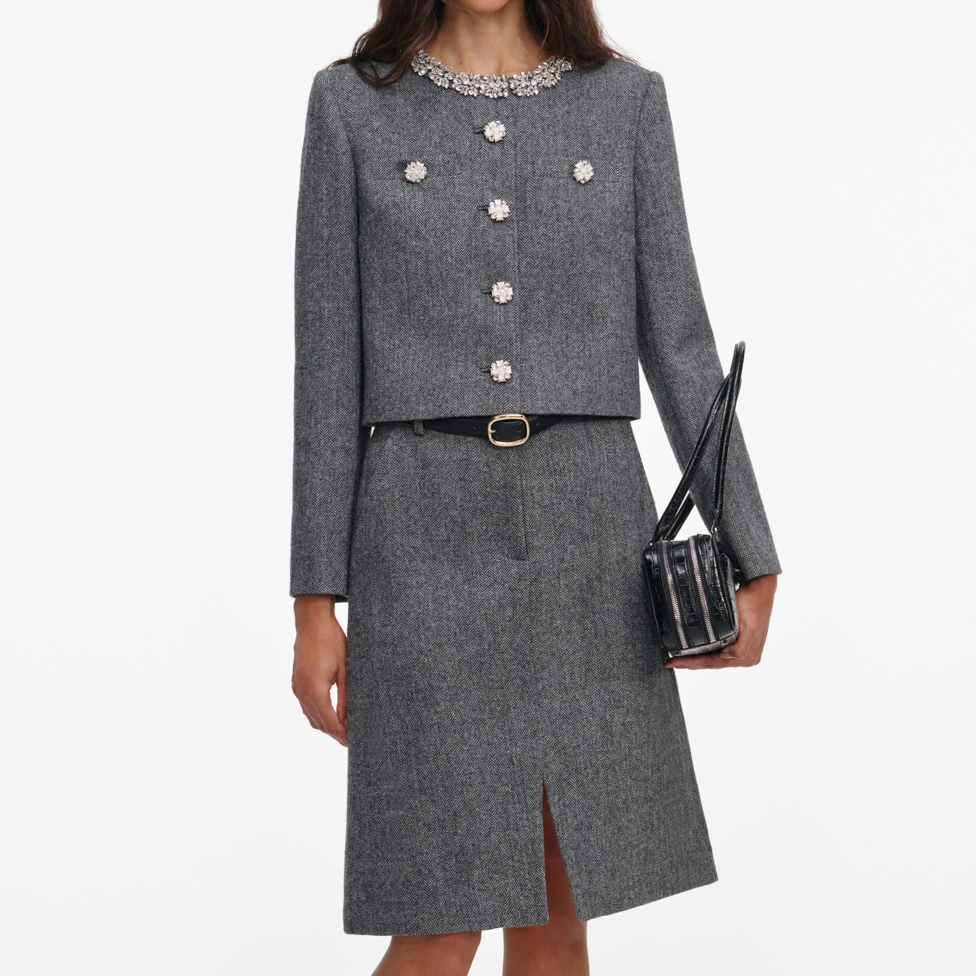 Grey Herringbone Crystal Trim Jacket – self-portrait-US