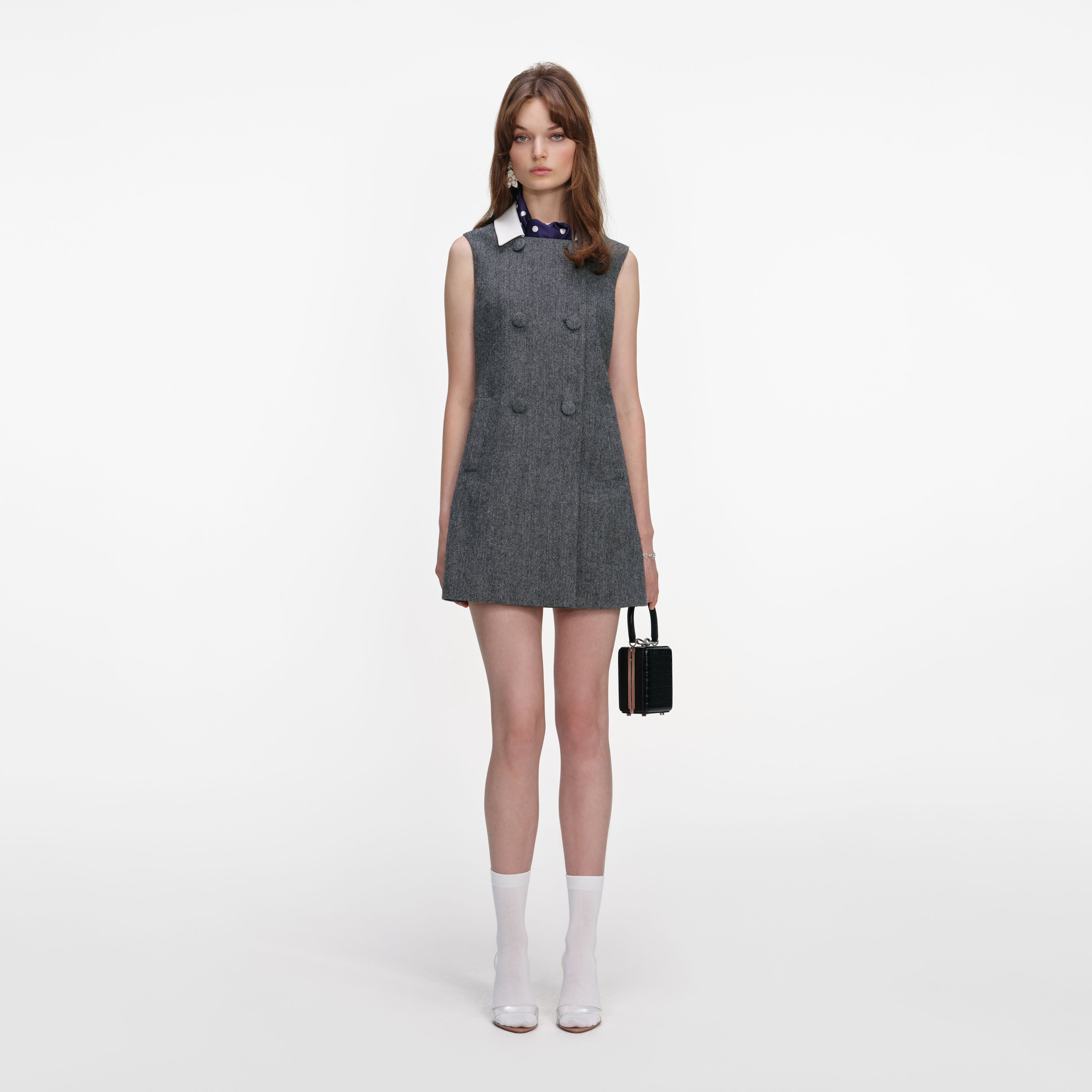 Grey Herringbone Flared Mini Dress – self-portrait-US