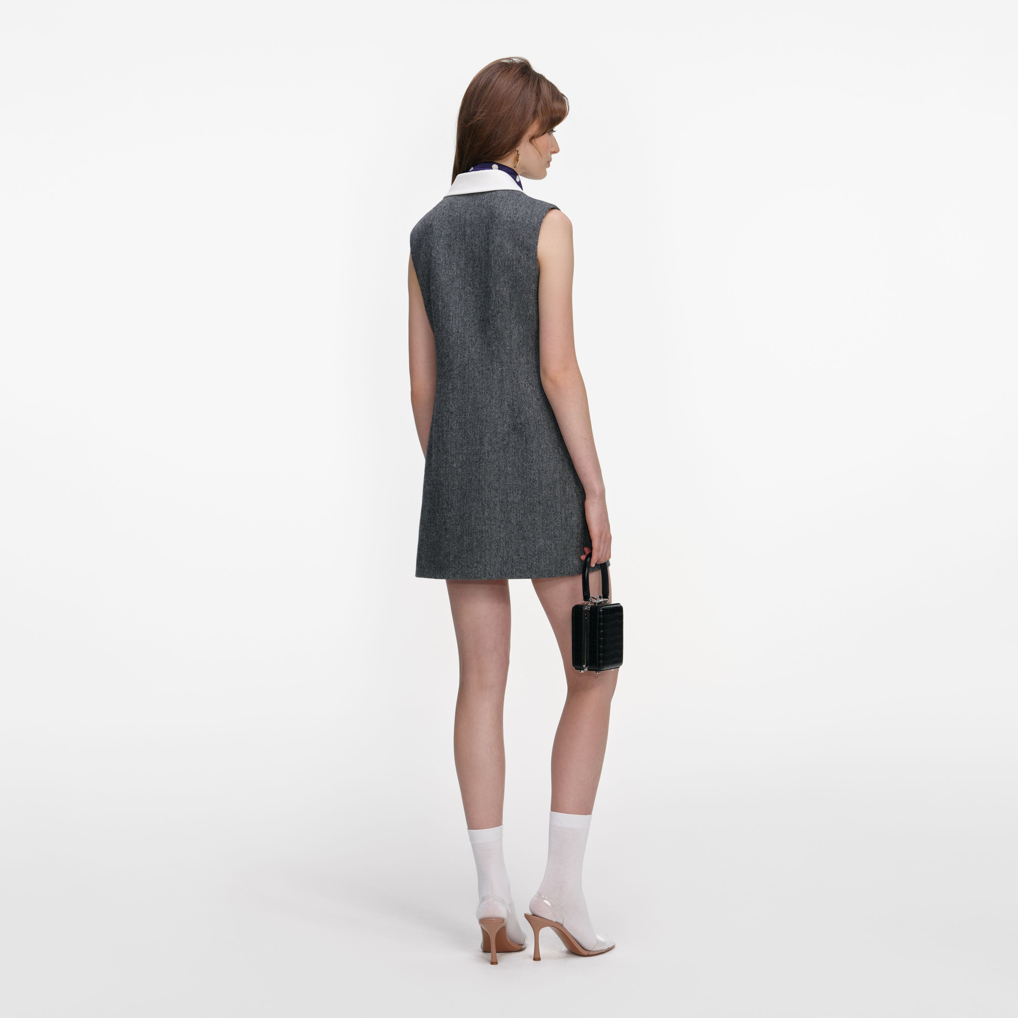 Grey Herringbone Scarf Detail Mini Dress – self-portrait-US