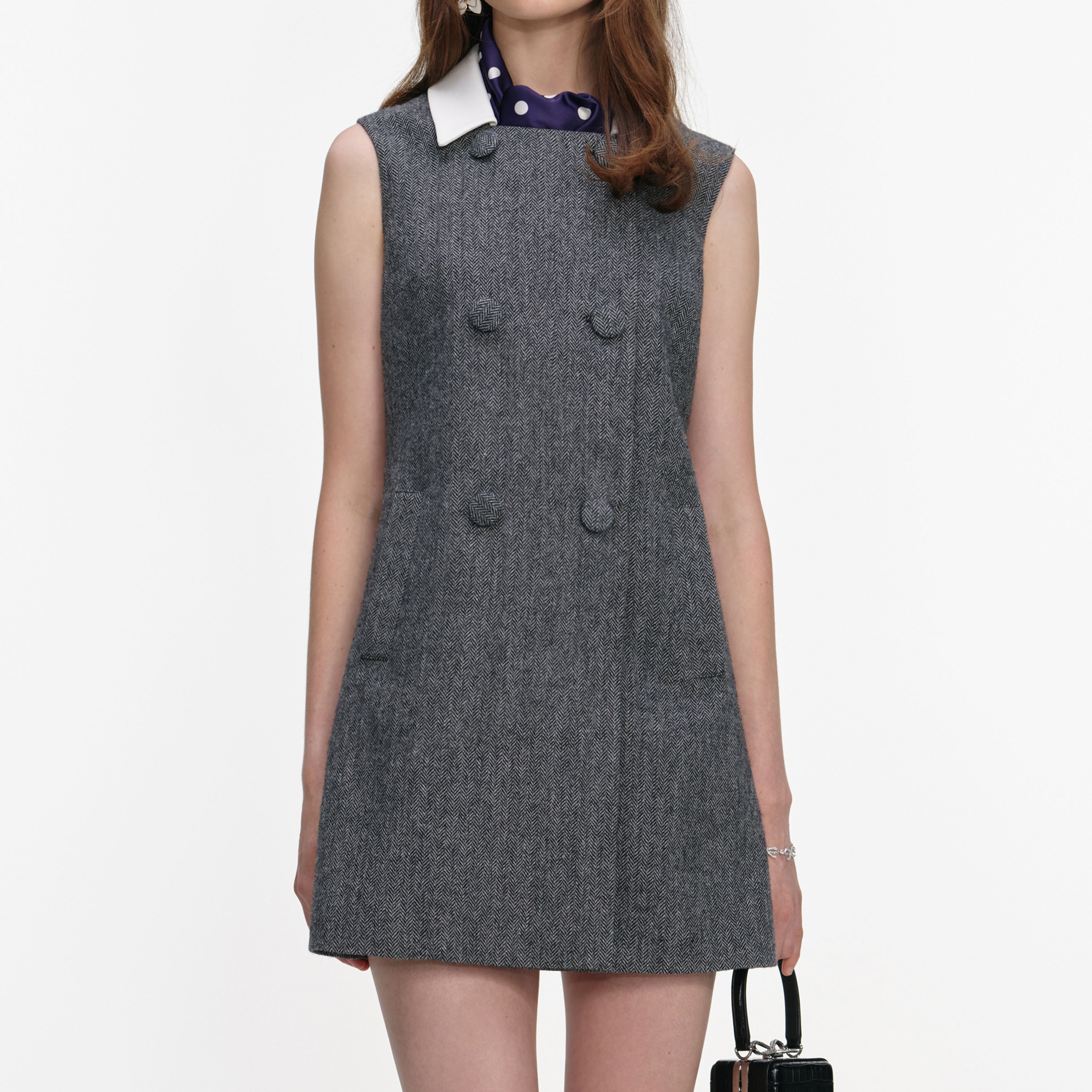 Grey Herringbone Scarf Detail Mini Dress – self-portrait-US