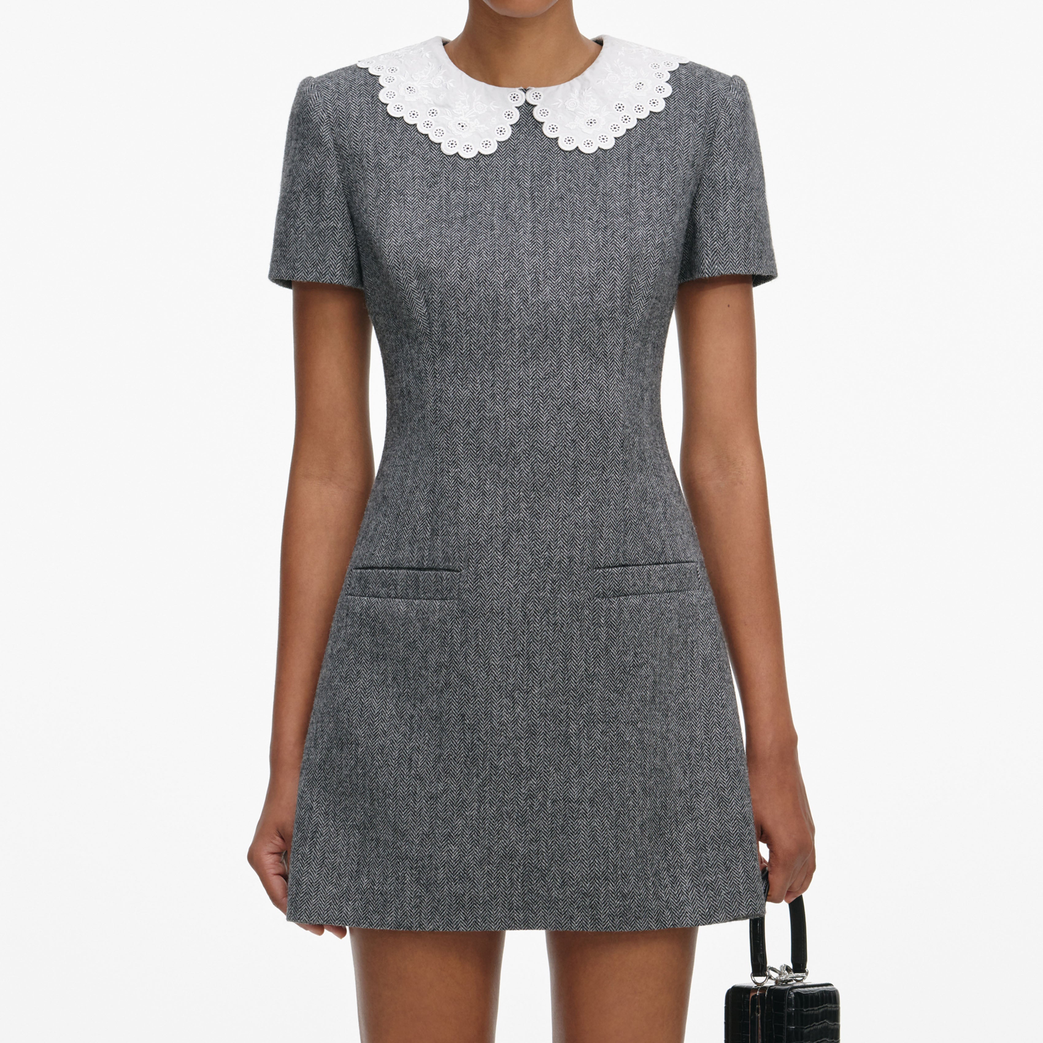 Grey Herringbone Collared Mini Dress – self-portrait-US