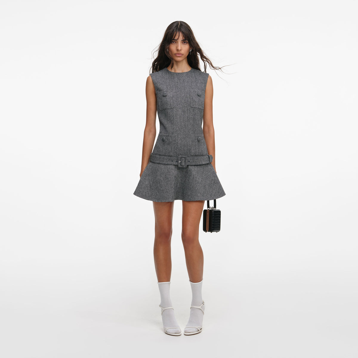 self-portrait - Grey Herringbone Flared Mini Dress