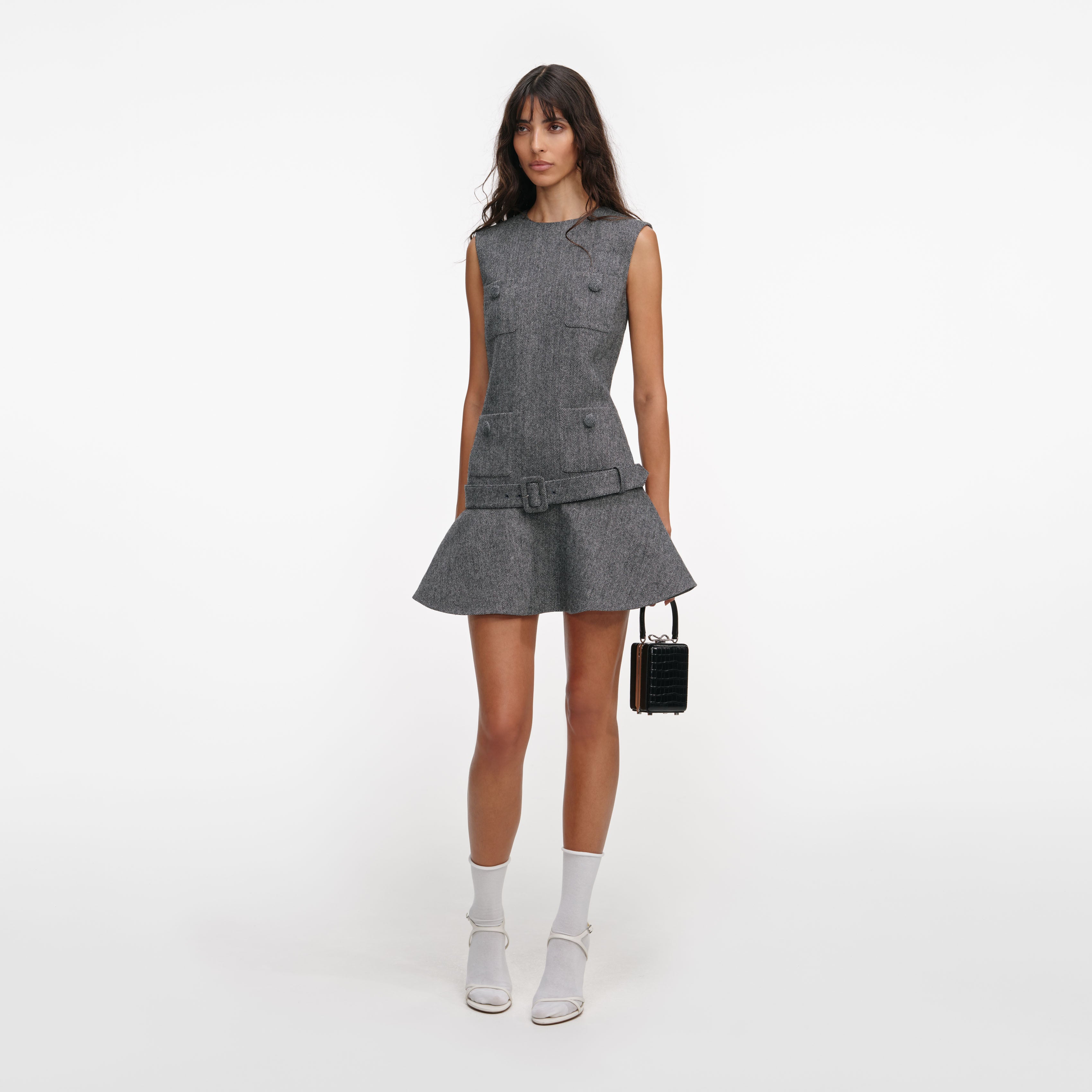 ワンピース THEREDTHREAD S suit bow dress mini grey Grey Herringbone Lace Bib Mini Dress – self-portrait-US