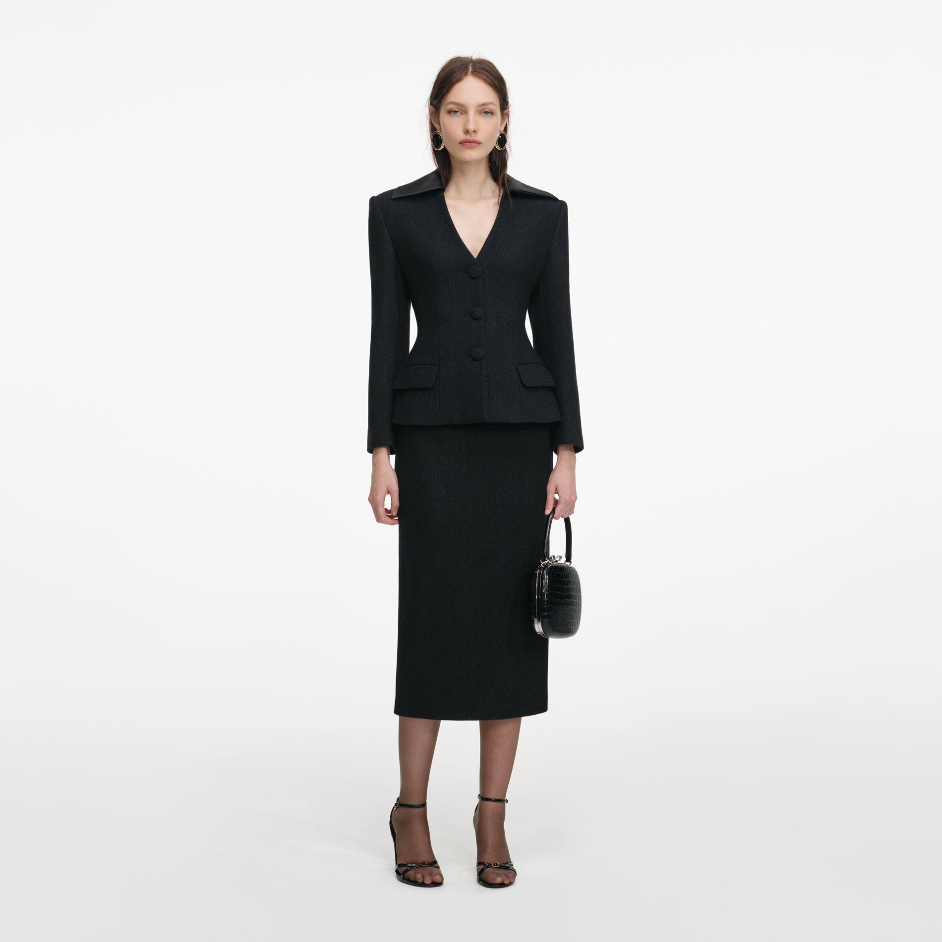 Front view of a woman wearing the Black Blazer Tailored Midi Dress