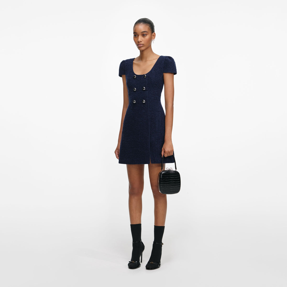 Self-Portrait - Navy Textured Boucle Mini Dress