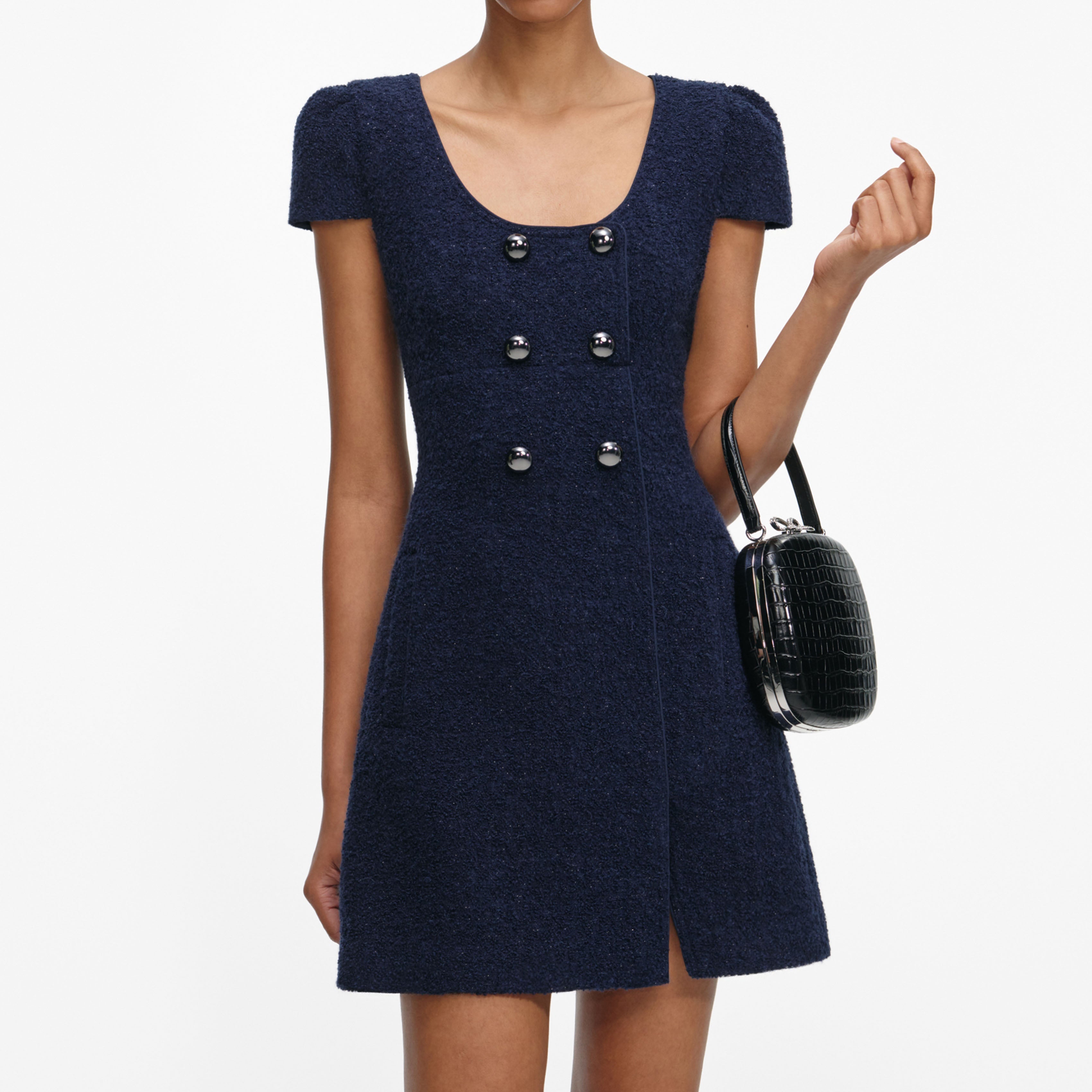 Navy Textured Boucle Mini Dress – self-portrait-US