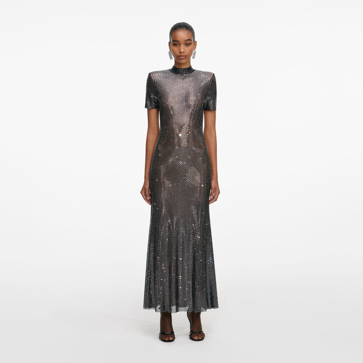 self portrait pink rhinestone mesh midi dress self-portrait - Gunmetal Rhinestone Mesh Midi Dress