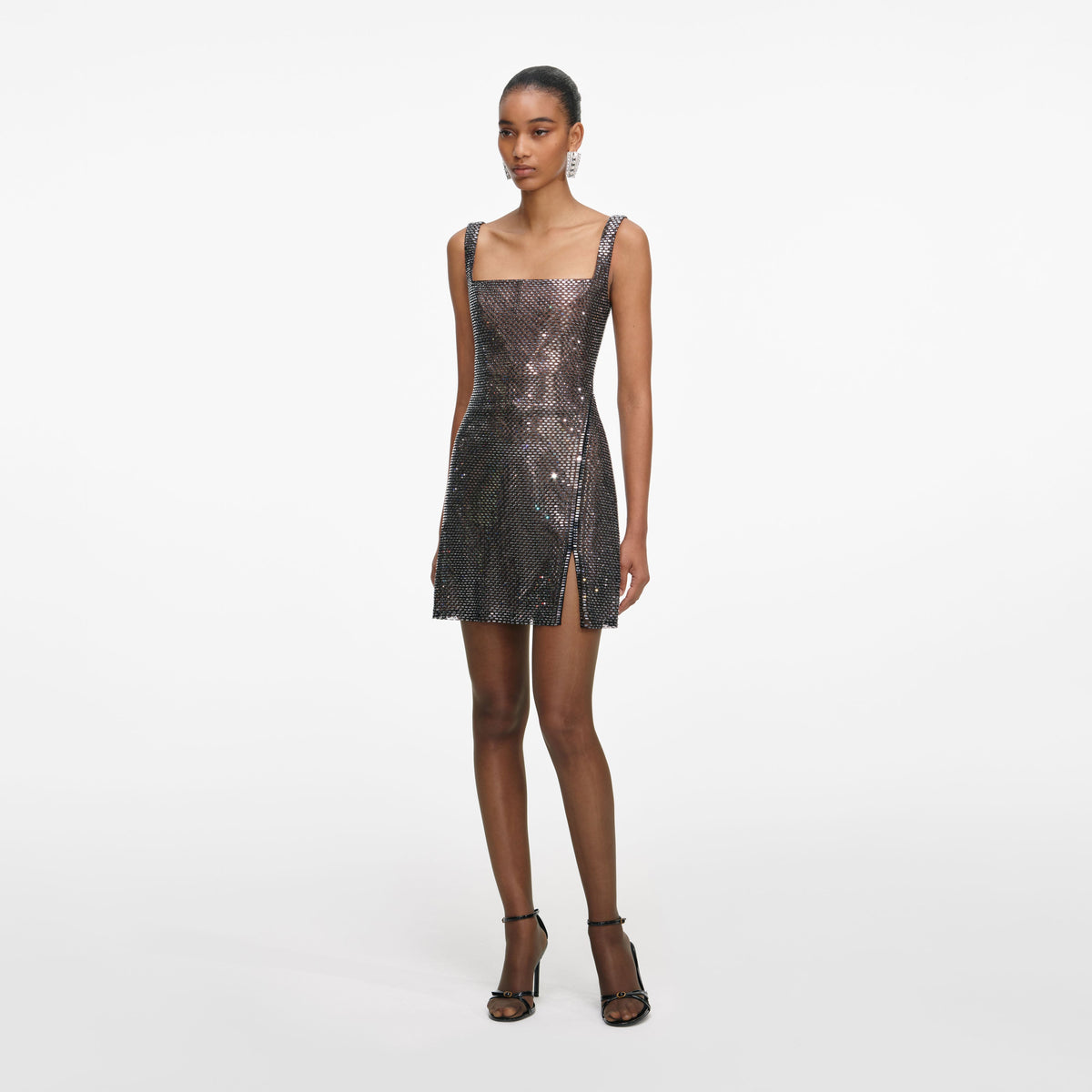 self portrait embroidered mesh mini dress self-portrait - Gunmetal Rhinestone Mesh Mini Dress
