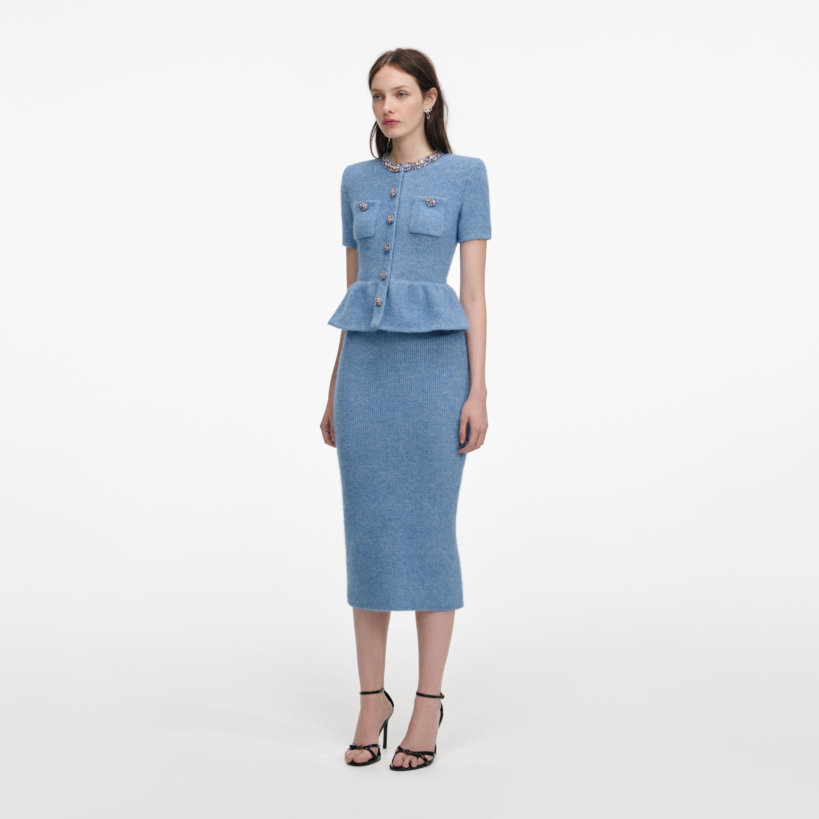 Blue Peplum Knit Midi Dress – self-portrait-US