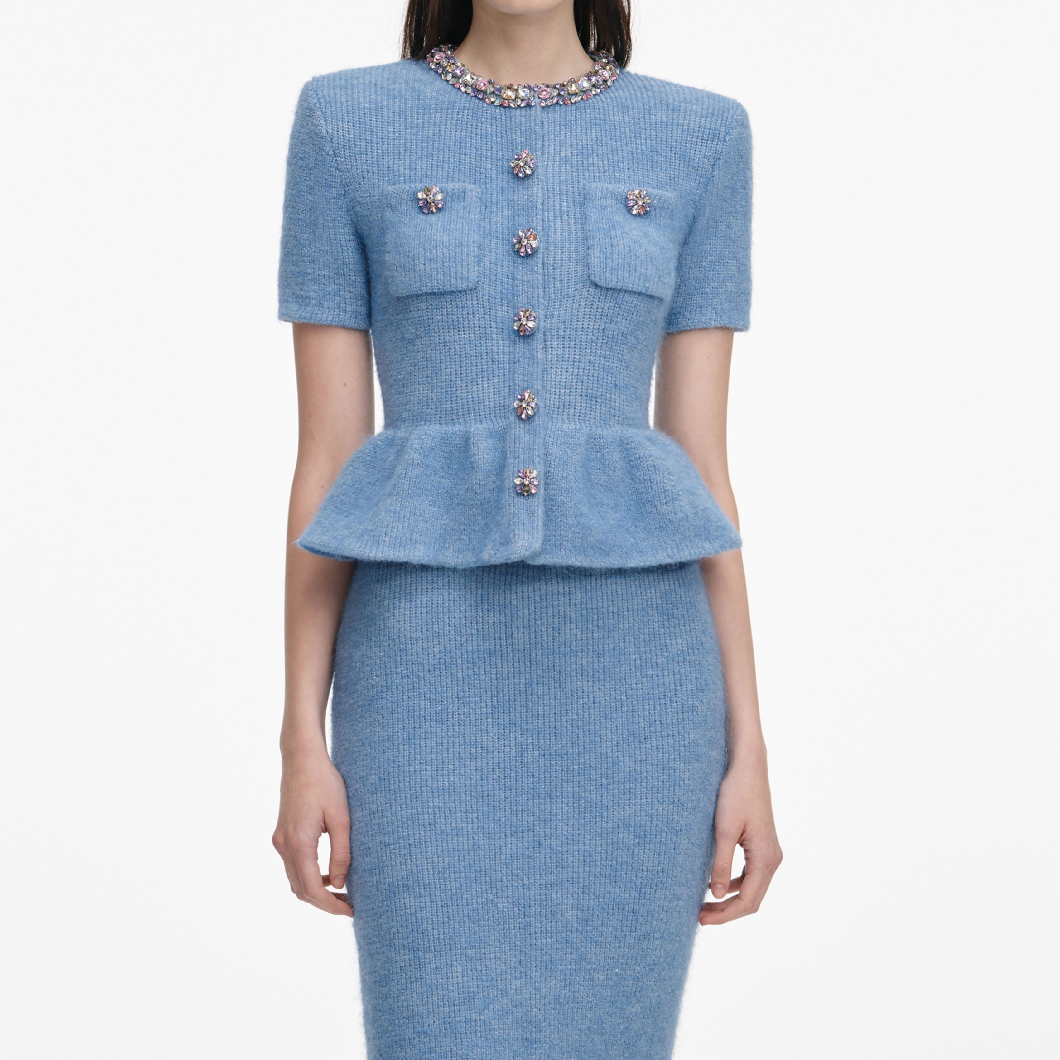 Blue Peplum Knit Midi Dress – self-portrait-US